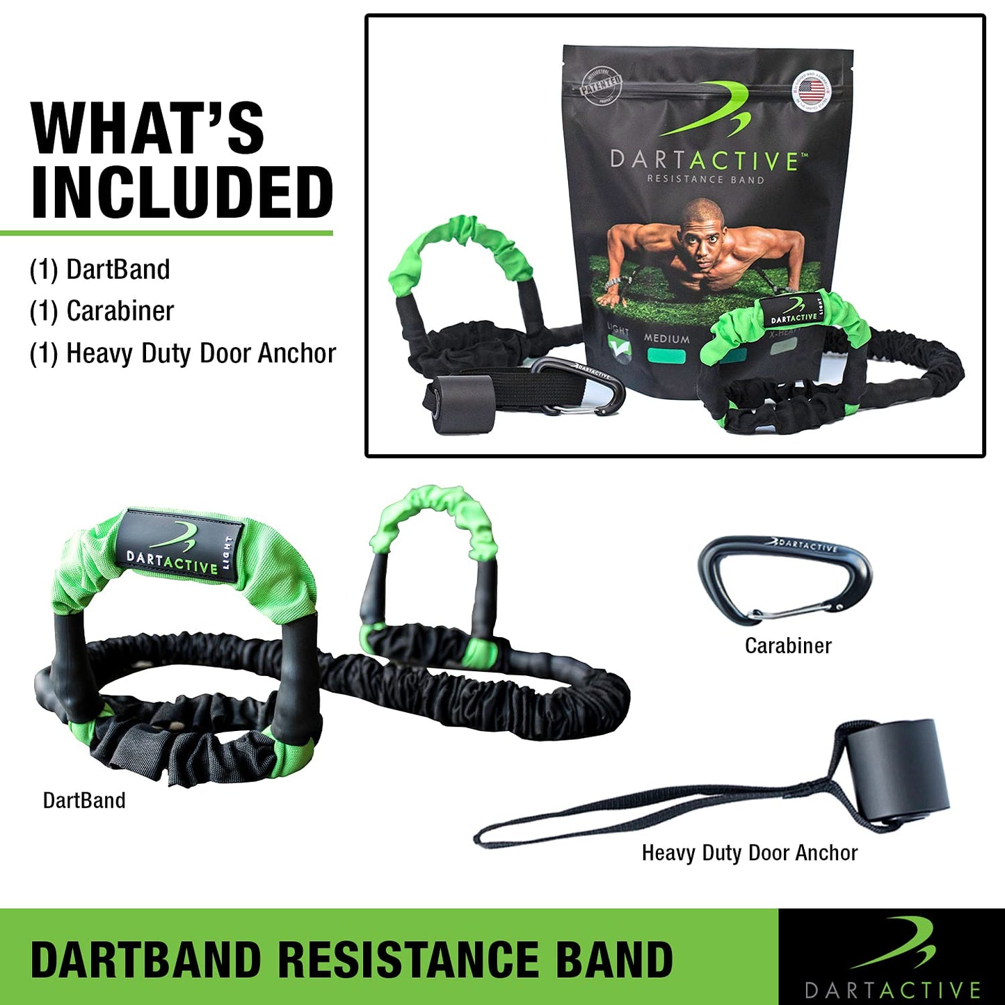 DartBand Premium Resistance Bands with Handles, Door Anchor, and Carabiner Clip for Athletic Training, Rehab, Strength Training, Yoga, Physical Therapy, Home Workout Solution - Light Resistance