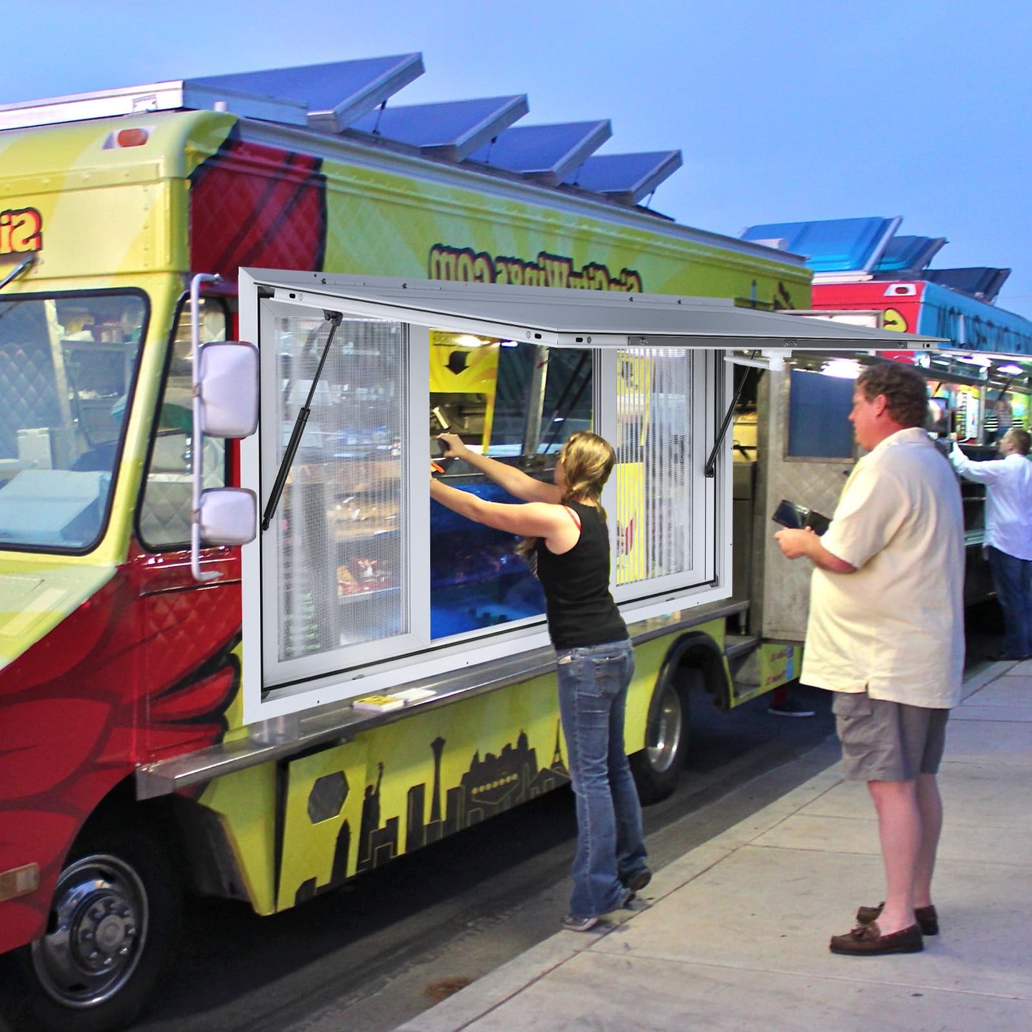 VEVOR Concession Window for Food Trucks Concession Trailers, 53 x 33 inch, Aluminum Alloy, with 4 Horizontal Sliding Screen Windows & Awning Door & Drag Hook