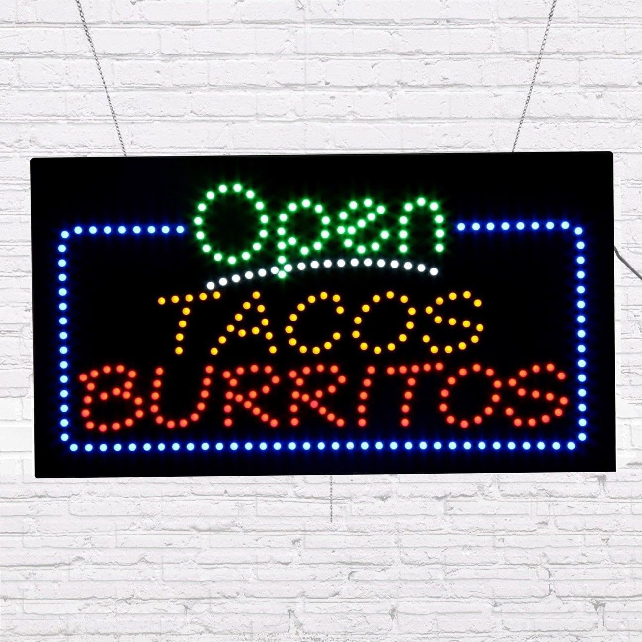LED Open Tacos Burritos Sign for Retail Business Displays |Advertising Electronic Light Up Sign for Windows Walls |12"h x 24"w x 2"d