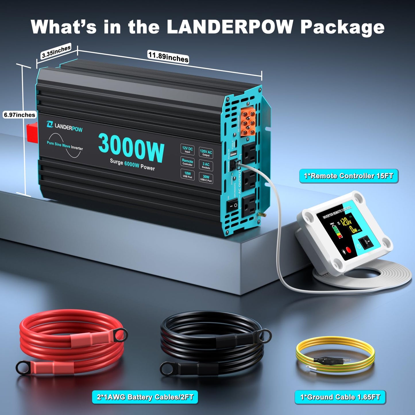 LANDERPOW 3000 Watt Pure Sine Wave Inverter 12V DC to 120V AC for RV, Truck, Solar, Home, Off-Grid, Power Inverter with 3 AC Outlet, 30W USB-C, 5V 3.1A USB, Hardwire Port, Remote Control, Surge 6000W