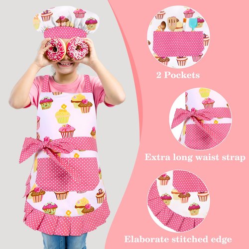 HKKDKTA Kids Aprons for Cooking,Kids Chef Hat and Apron with Large Pocket for Baking Cupcake kids Apron for 6-12 Years