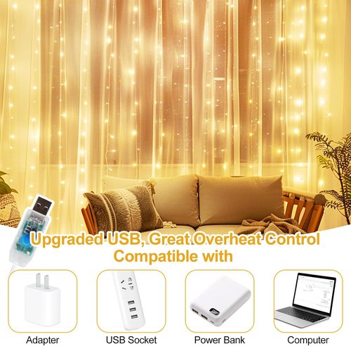 200 LED Fairy Curtain Lights - 6.6 x 6.6 FT Warm White USB Plug with Remote | 8 Modes for Christmas & Events