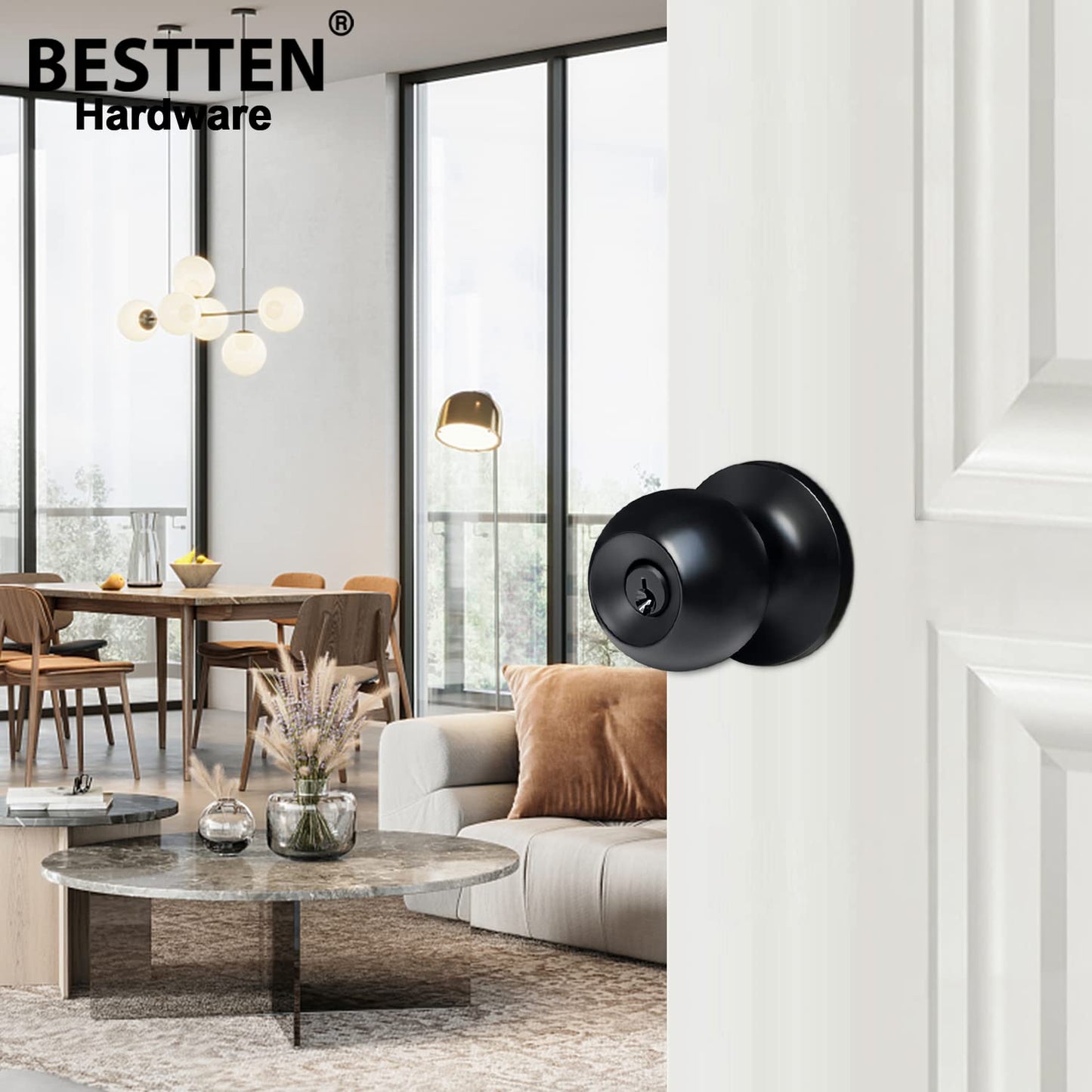 BESTTEN Keyed Entry Door Knob, Heavy Duty Entrance Door Lock, Standard Ball, All Metal, Matte Black