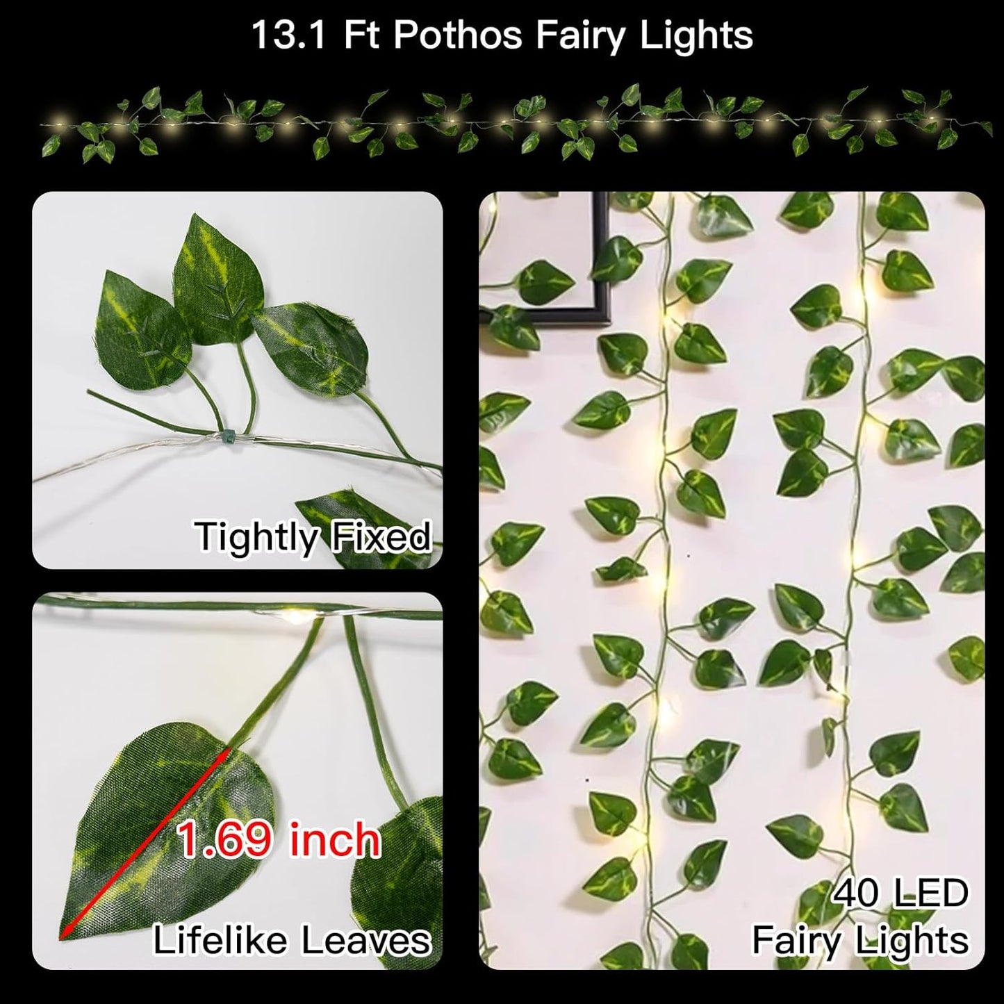 Suddus Fairy Lights Vine - 13.1ft 40 LED Battery Operated Pothos String Lights with Remote | Warm White Decor for Bedroom, Garden, Party, Wedding