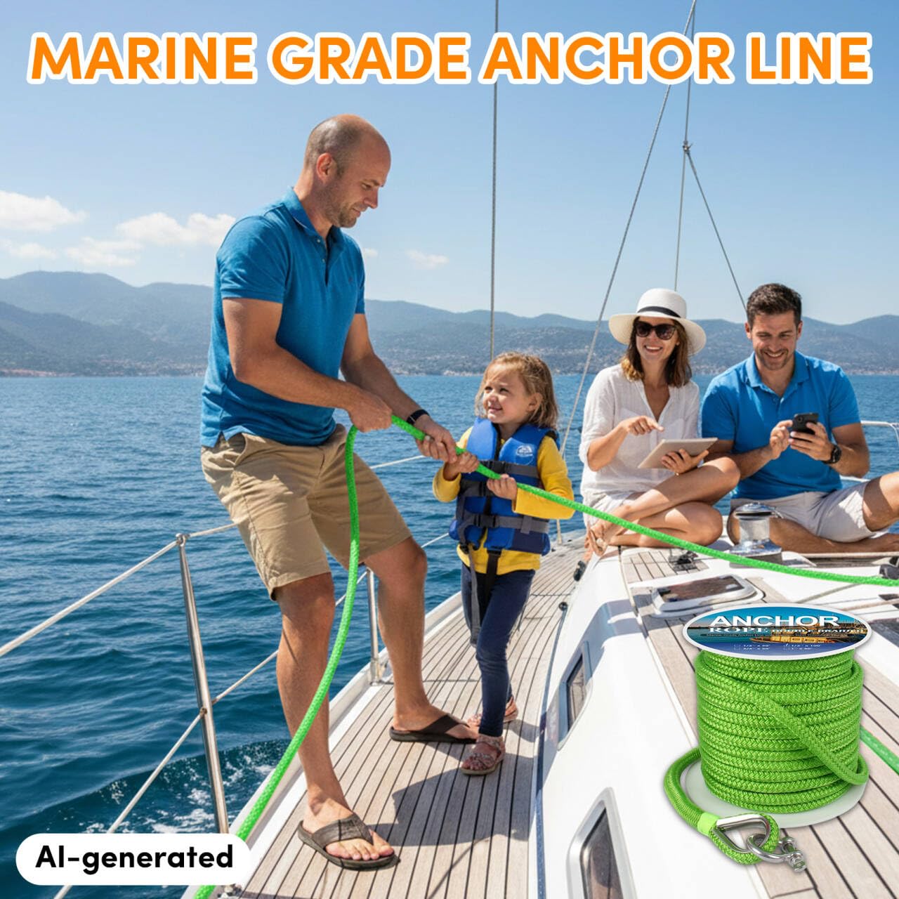 Anchor Rope 100 ft X 1/2 inch, Double Braided Anchor Line, Boat Rope with Stainless Steel Thimble and Shackle for Boating, Anchoring, Mooring, Pulling (Green)