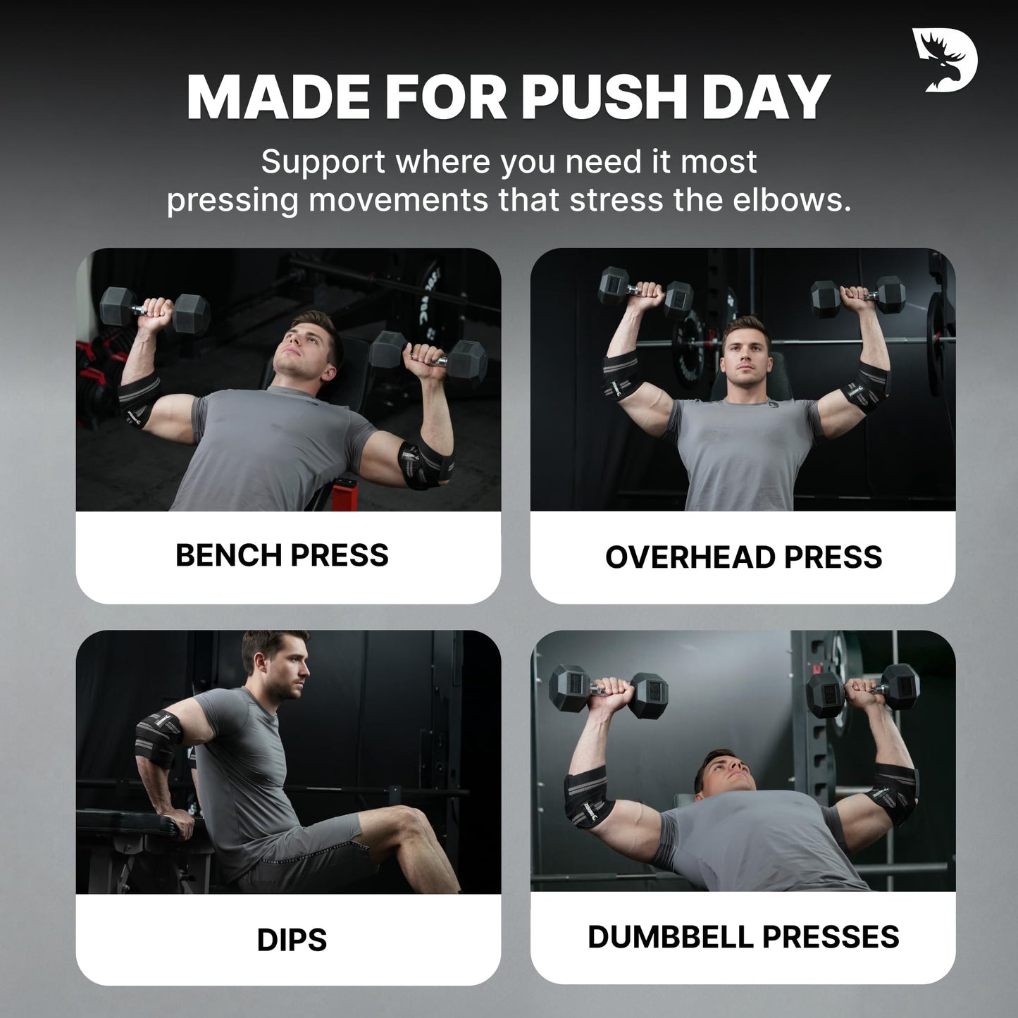 DMoose Fitness Elbow Wraps for Weightlifting (Pair) - 40'' Adjustable Elbow Strap for Gym Workout & Bench Press, Compression Elbow Wraps for Tendonitis & Joint Support, Elbow Sleeve (Black)