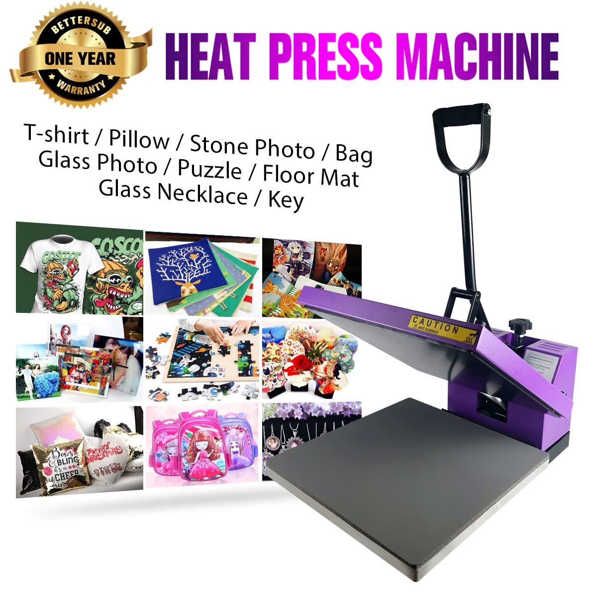 BetterSub 15‘’x15‘’ Industrial Heat Press Machine for T-Shirts, Sublimation, Transfers – Digital LCD Control, Teflon Surface, Clamshell Design, Safe & Durable - Purple
