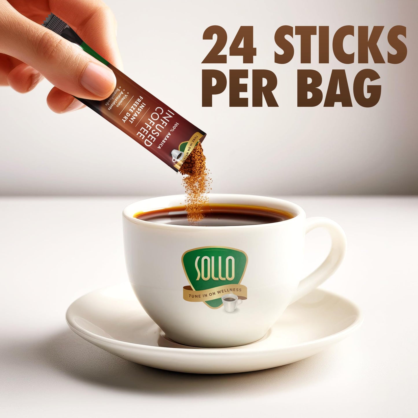 SOLLO Slim Infused Instant Coffee sticks (24 Servings) Weight Loss Healthy Body Support, Medium- Dark Roast, 100% Arabica Freeze Dried Coffee in Single Serve Sticks.