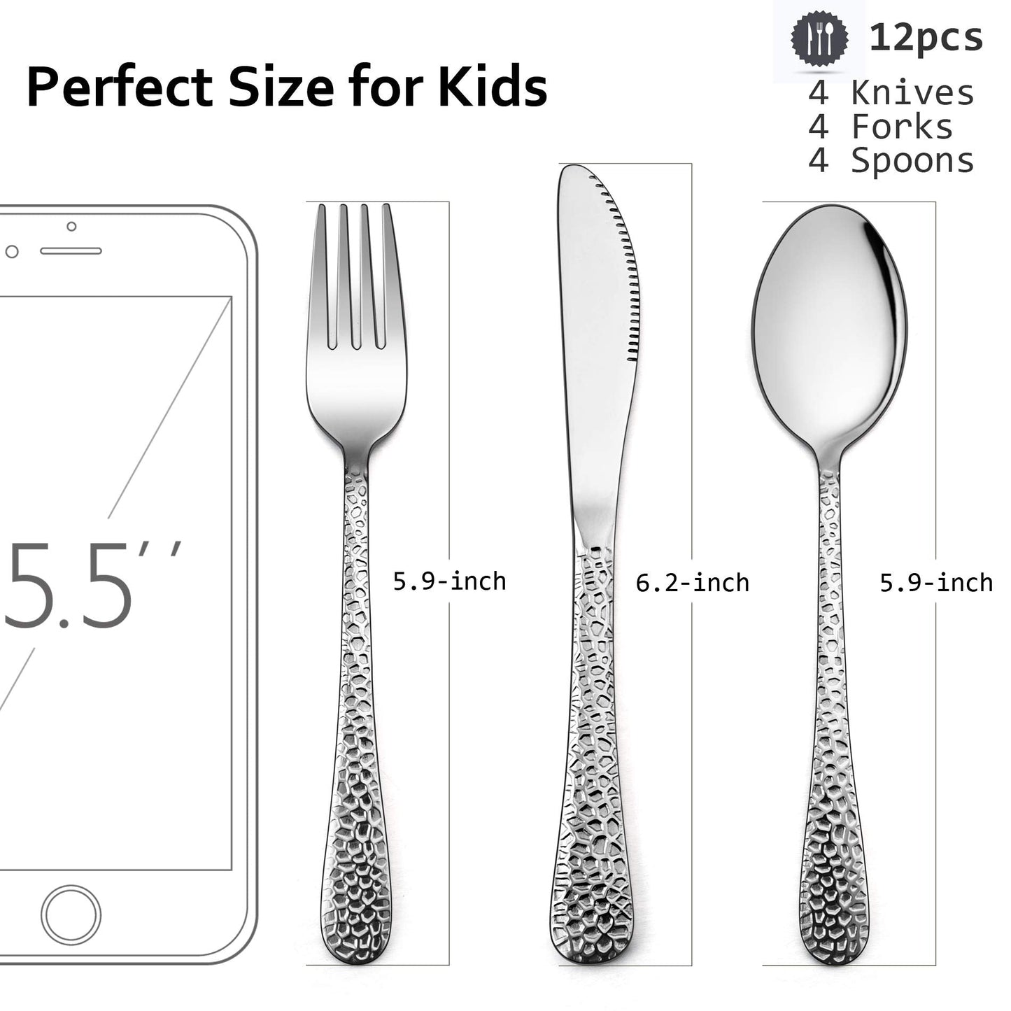 LIANYU 12-Piece Kids Utensils Silverware Set, Stainless Steel Toddler Hammered Flatware Cutlery, Children Tableware Includes Knives Forks Spoons, Dishwasher Safe