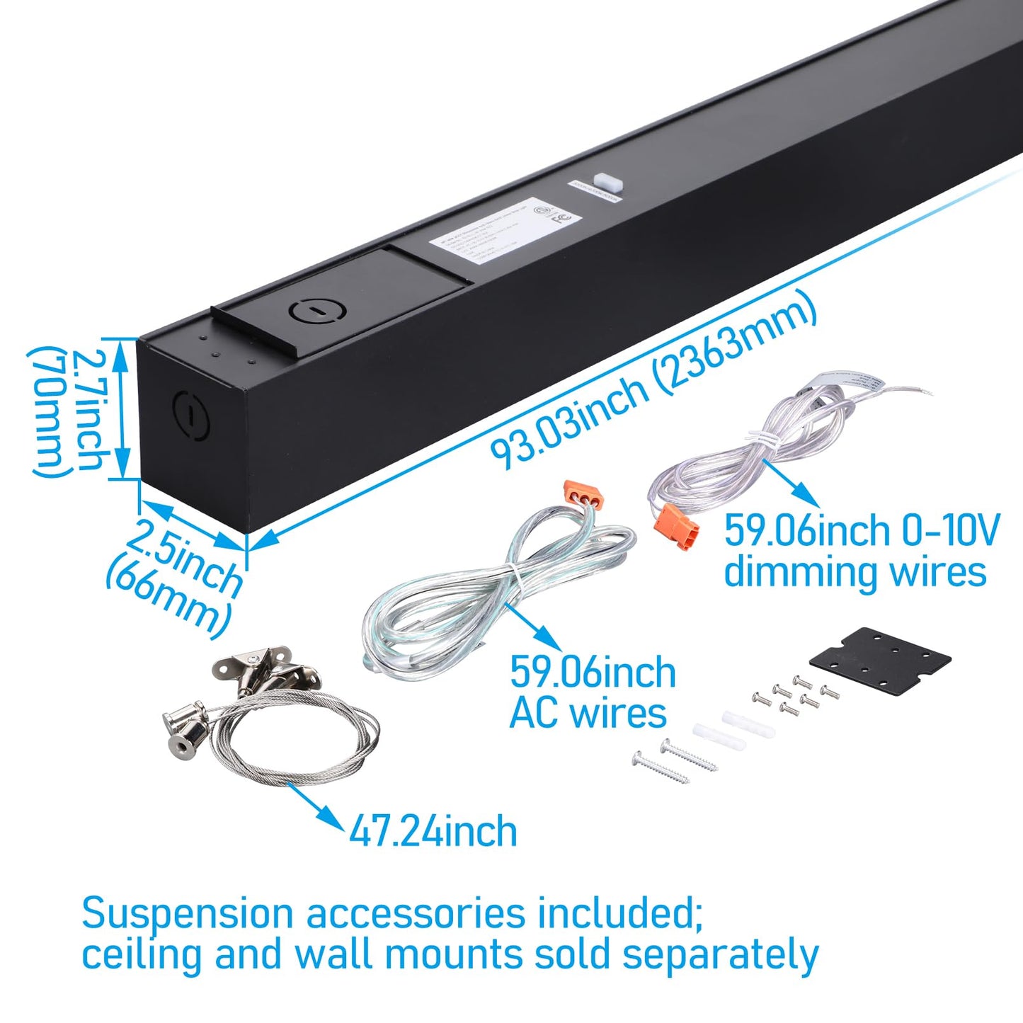 LEONLITE 8FT Linkable LED Linear Light, Dimmable Architectural LED Suspension Office Lighting Fixture, 80W, 3CCT, ETL Listed, Matte Black Aluminum Housing, Pack of 2