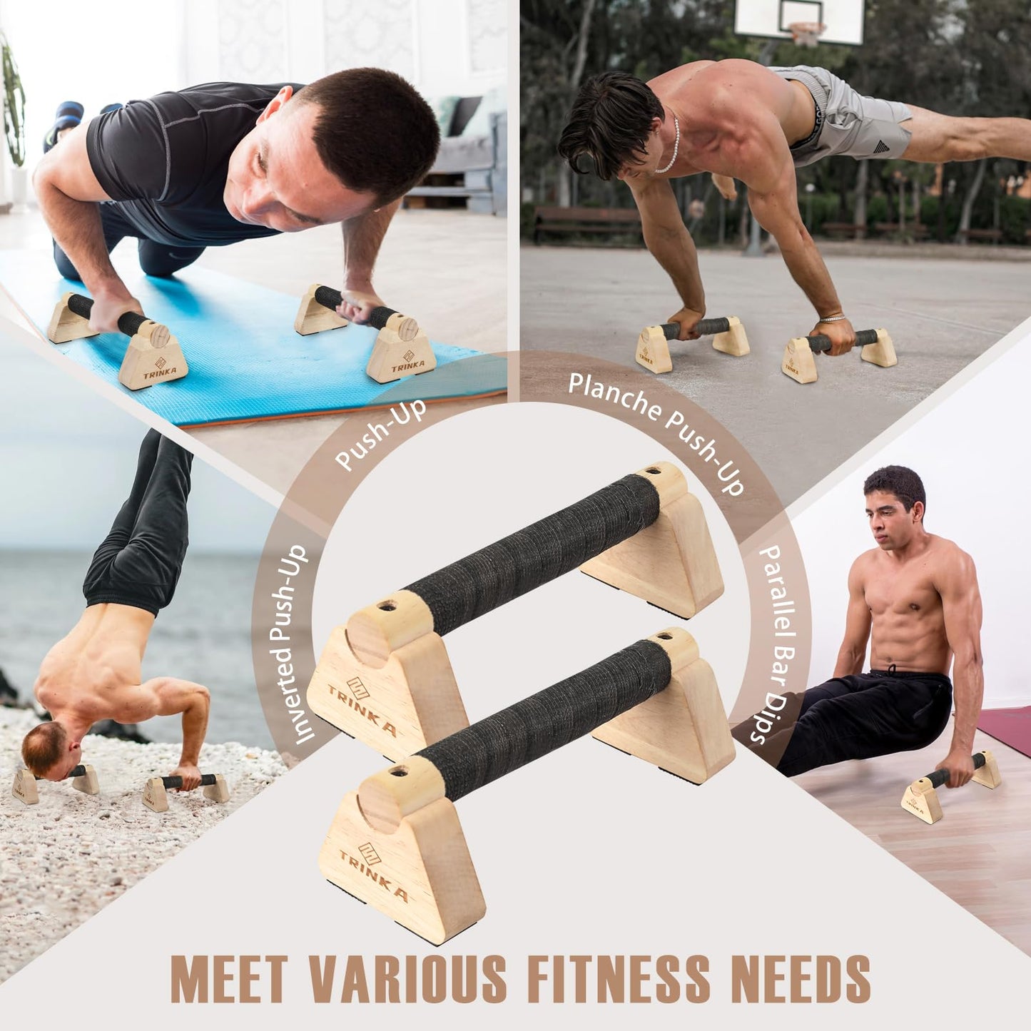 Wooden Parallettes Push Up Bars, 2 PCS Wood Calisthenics Bars with Non-Slip Base, 30CM Pushup Handles for Home Fitness, Workout Equipment for Men and Women Strength Training