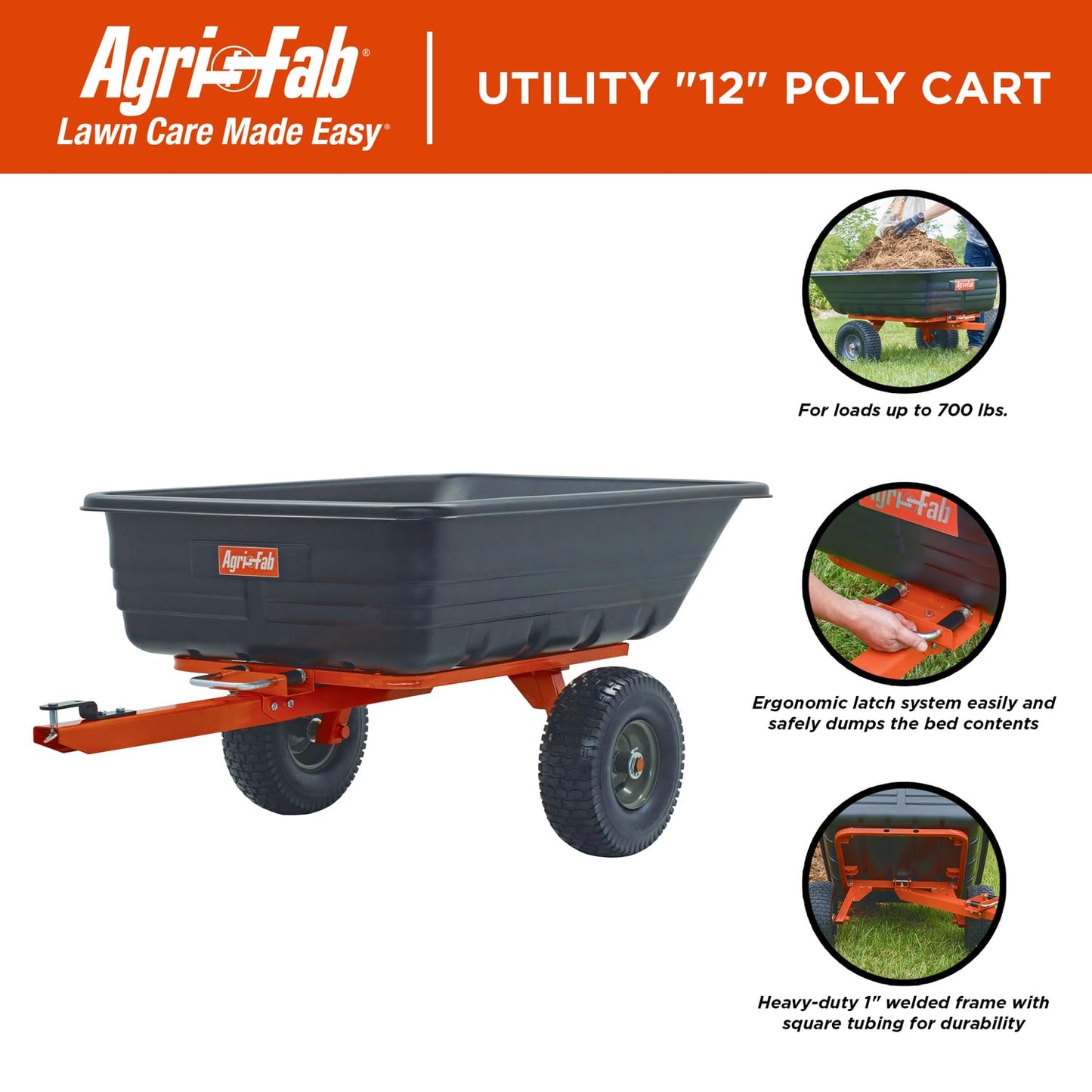Agri-Fab Tow Behind Poly Dump Swivel Cart for Lawn Tractors and Mowers, 700 lb Capacity, 12 Cu Ft Utility Trailer
