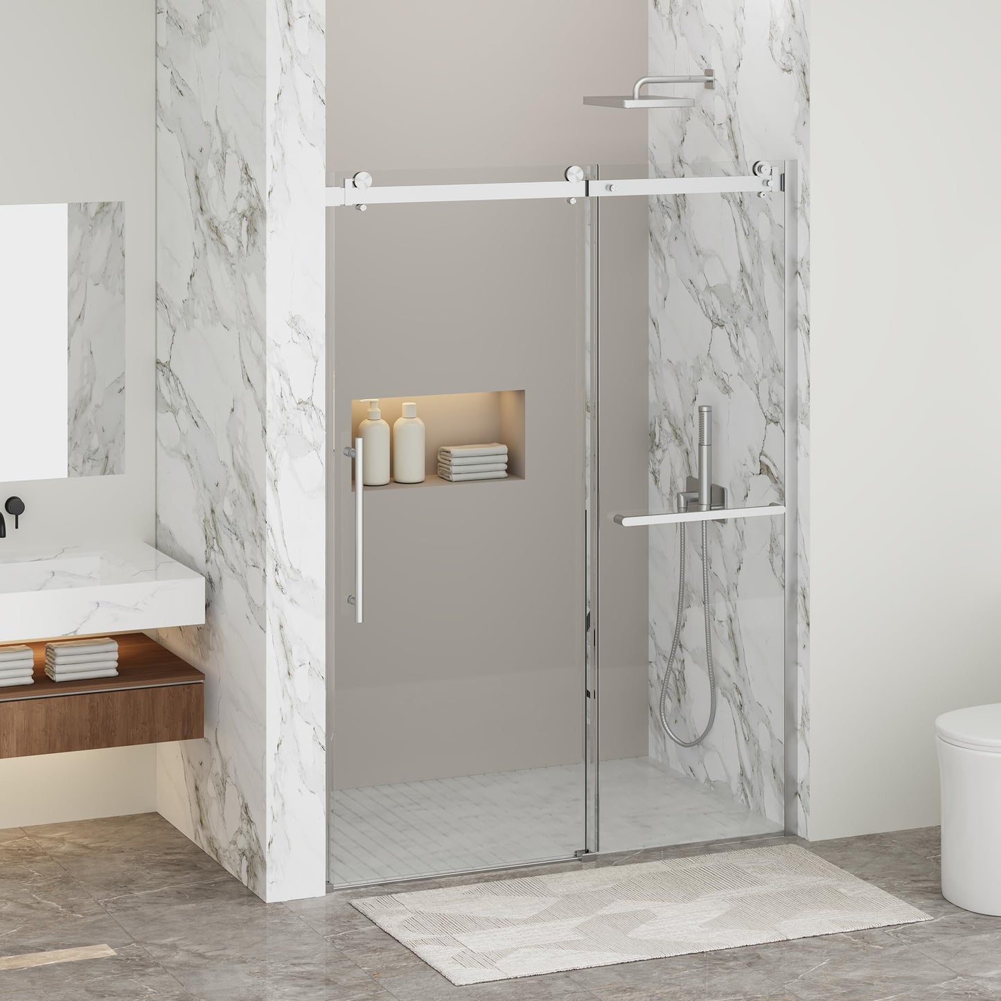 Findepot 44-48" W x 75" H Frameless Sliding Shower Door, Shower Glass Door with 1/4" Thick Tempered Glass, Explosion-Proof Film, Easy to Clean,Brushed Nickel