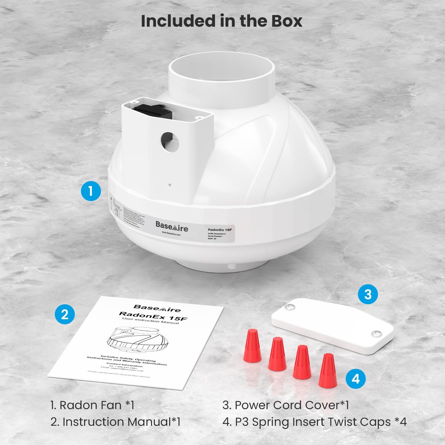 BaseAire 4 Inch 237 CFM Radon Mitigation Fan, Quiet Energy Efficient Radon System, RadonEx 15F Crawlspace or Slab Application, Waterproof Exhaust Fan for Indoor Outdoor Ventilation, 1500 Square Feet