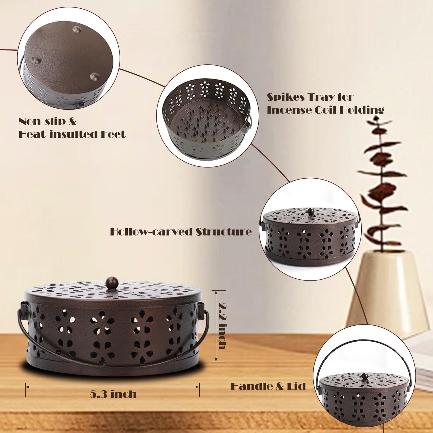Portable Mosquito Coil Holder with Handle Round Heat-Resistant Iron Incense Coil Holder (Bronze)