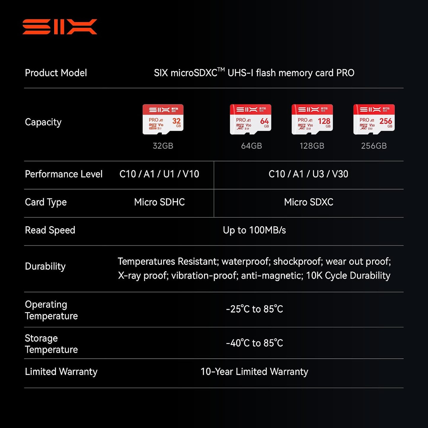 SIX M100 128GB 100MB/s A1, U3, V30 4K 128GB Micro SD Card Read Up to - Support UHD microSDXC Memory Card with Adapter