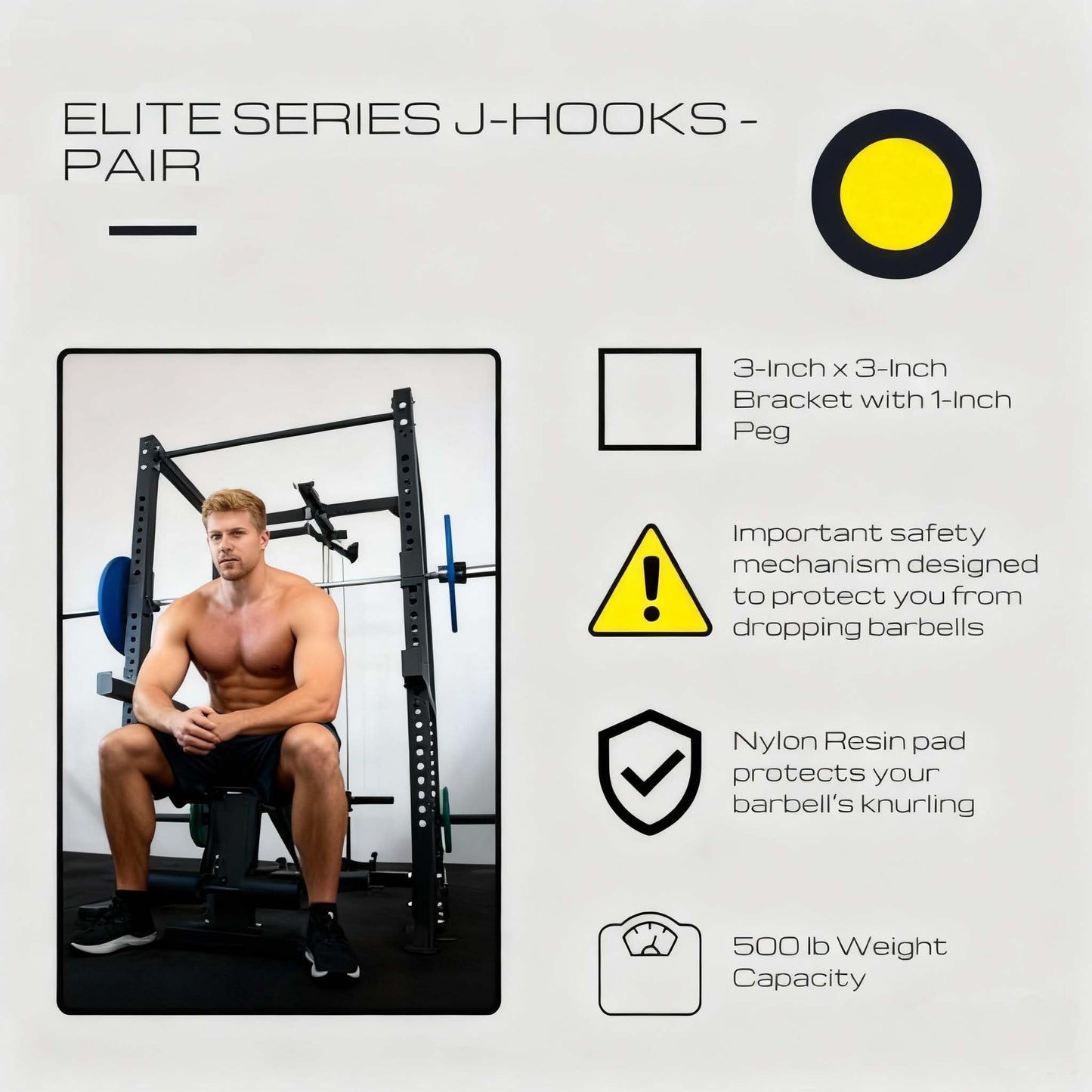 Fitvids 2.5" x 2.5" J-Hooks (Pair) for Power Cage and Squat Rack, Powder Coated Steel with UHMW Plastic, Black