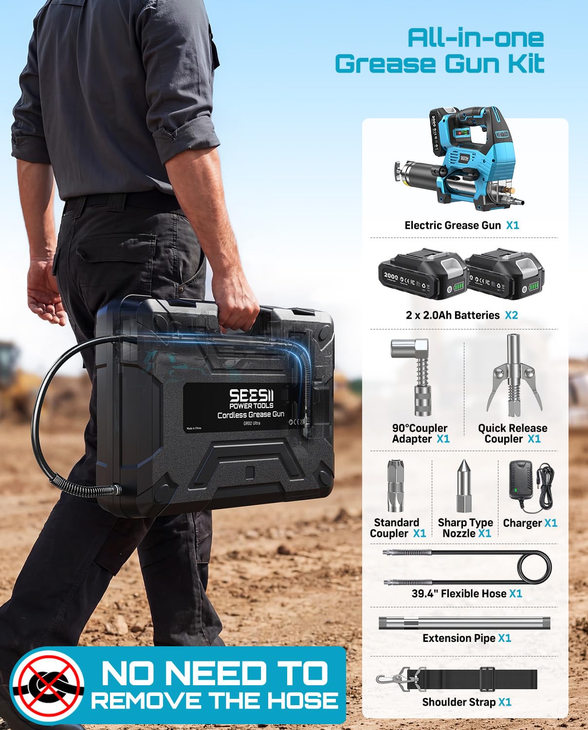 Seesii 12000PSI Electric Grease Gun: 3 Speed Control Battery Powered Grease Gun Cordless with 2 Batteries, Brushless Motor, 39.4” Long Hose, 90 Degree Coupler & LED Light for Heavy Duty Equipment