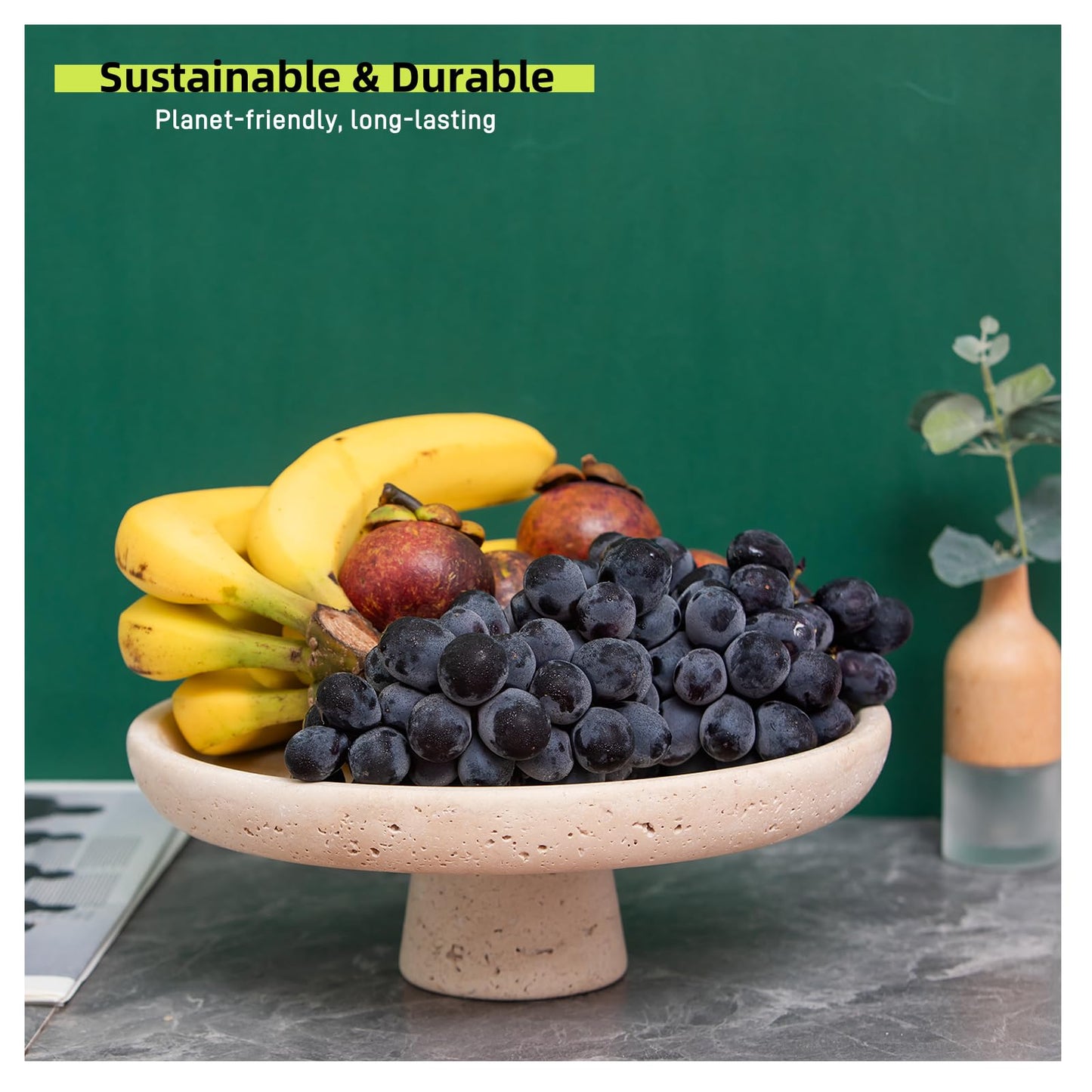 Natural Travertine Fruit Bowl 11.8" – Large Decorative Bowl & Travertine Decor Pedestal for Kitchen Counter & Dining Table ,For Entryway, Kitchen Fruit Bowl, Potpourri, Dining Table Centerpiece.