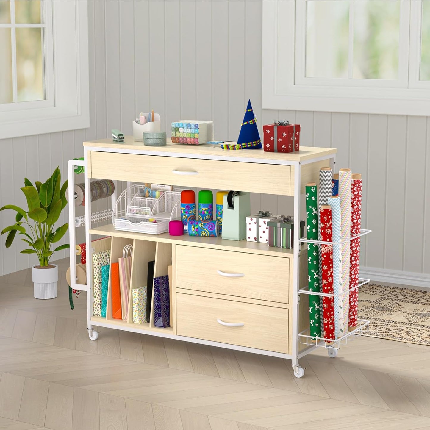 Skiennix Wrapping Paper Organizer - Stylish Craft Cart with Ribbon & Gift Bag Storage | 3 Wooden Drawers - Oak