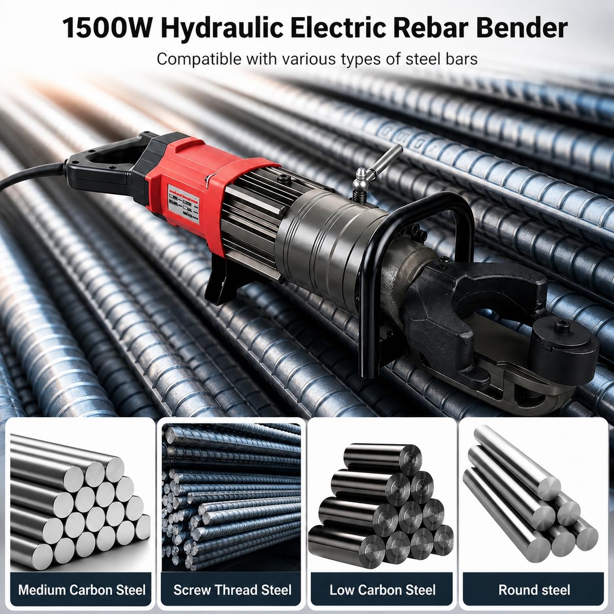 GERMCENS Electric Rebar Bender 1500W Hydraulic Rebar Bending Machine #16-25 mm Rebar to 90° within 3-4s, Enabling easy bending of rebar steel bar,Comes with a storage box.