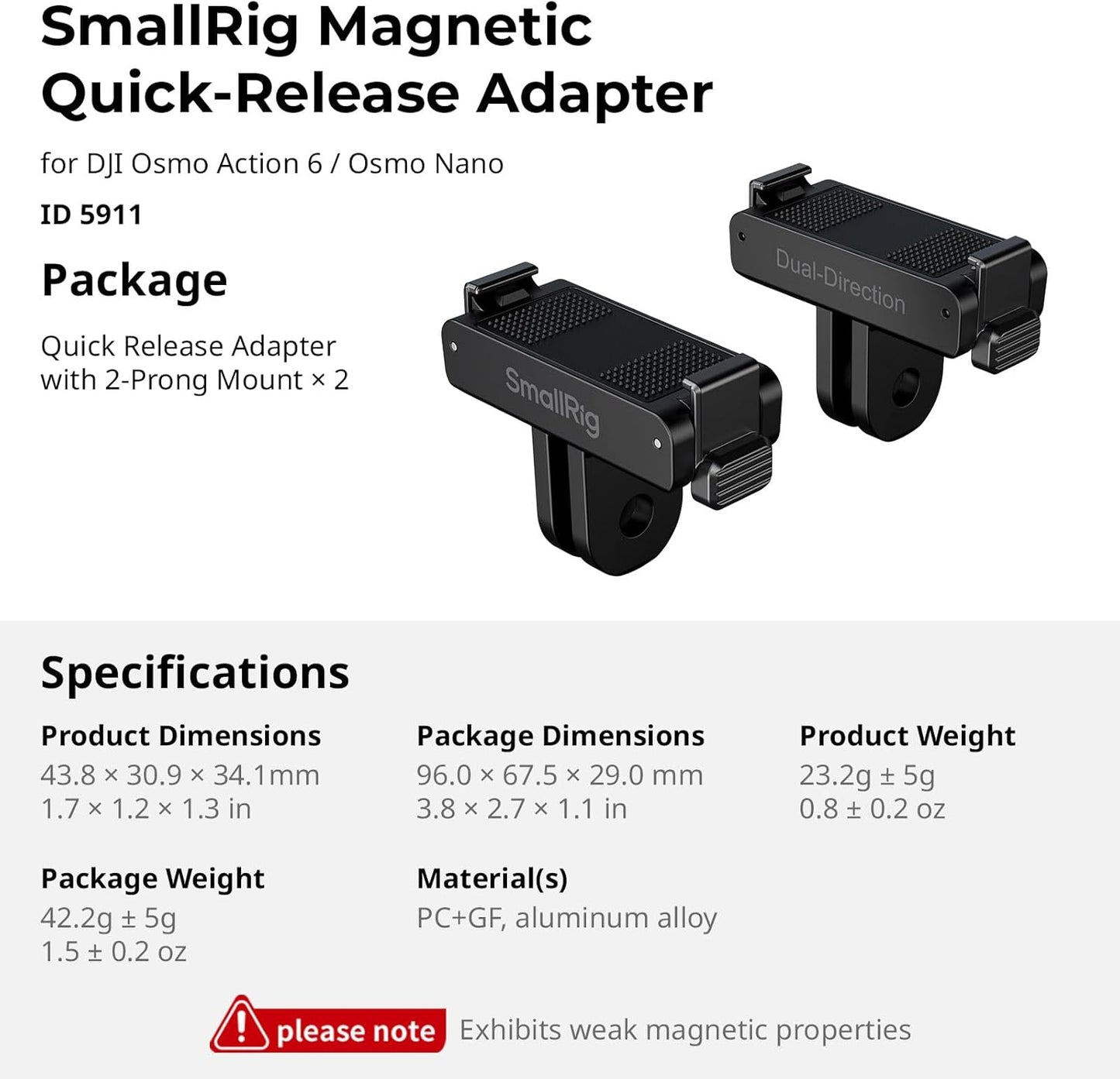 SMALLRIG 6 6 2 2-Prong Action / Nano Magnetic Quick-Release Adapter Mount for DJI Osmo Action / Osmo Nano, PCS