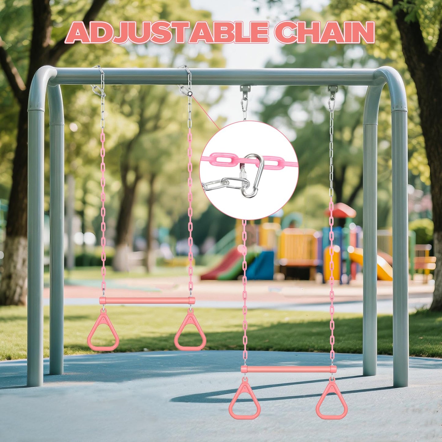 LadyRosian 17" Trapeze Bar Swing Set Gym Rings 47" Heavy Duty Chain Swing Set Accessories with Locking Carabiners Plastic Coated Chains Monkey Bars for Backyard, Playroom (Pink)