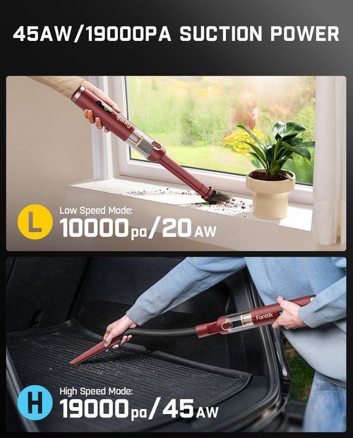 Fanttik Slim V10 APEX Cordless Car Vacuum - 4-in-1 Portable Handheld with 19kPa Suction Power | Smart Digital Display, 2 Modes (Red)