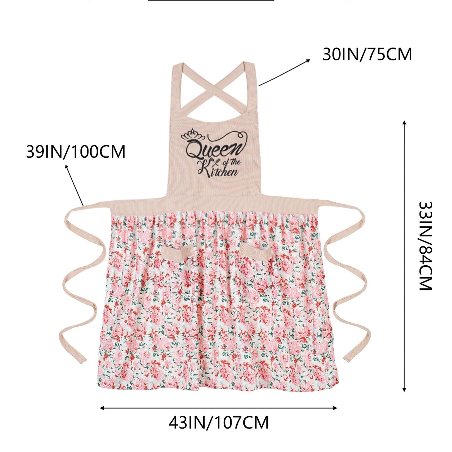 HYVOROS Cute Floral Aprons for Women with Pockets,Cotton Adjustable Neck Strap Apron for Kitchen Cooking Baking Gardening (Pink, Medium)