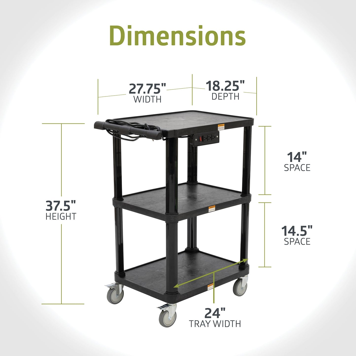 Pearington 3-Shelf Mobile Utility Cart with 3 Outlets and 8' Cord, Heavy-Duty Service Cart for Offices and Warehouses with 3 Shelves, Black