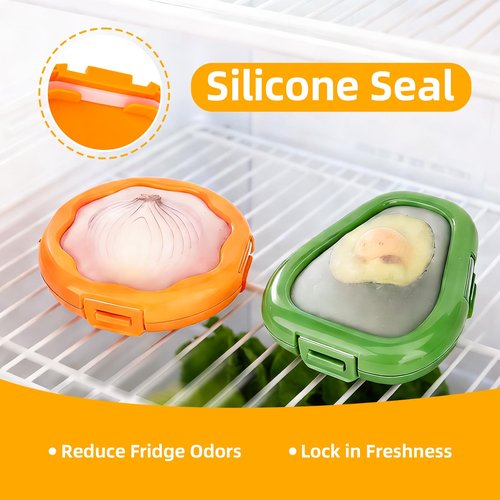 KMOSENIA 2pc Fruit Storage Containers for Fridge, Avocado Saver and Onion Storage Set, Reusable Silicone Food Storage Containers for Tomatoes, Lemons, and Potatoes (2)
