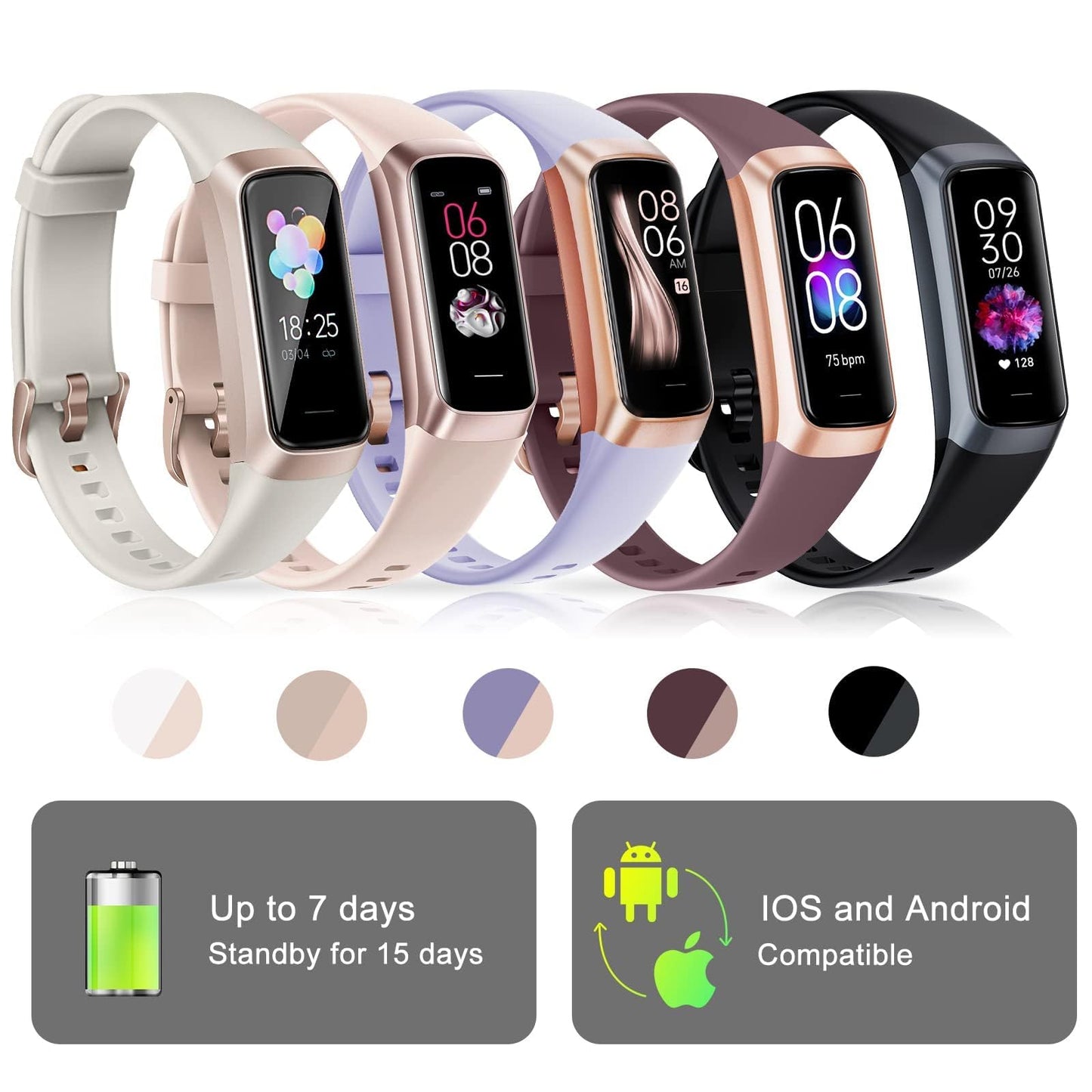 Bakoor Fitness Tracker, Fitness Watch with 24/7 Heart Rate Blood Oxygen Sleep Monitor, 1.10" AMOLED HD Touch Color Screen Step Counter, Activity Trackers Pedometer Health Smart Watch for Women Men