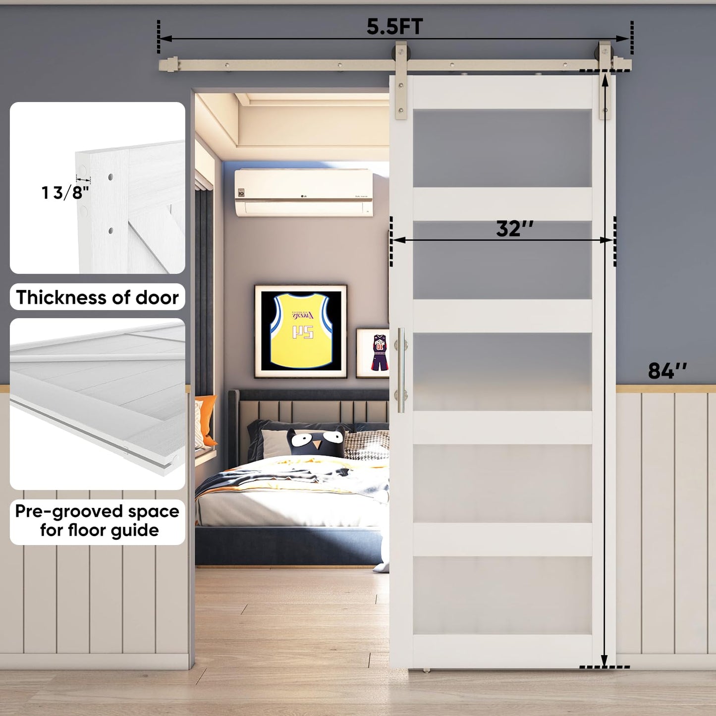 BARNSMITH 32in x 84in Glass Barn Door with 5.5FT Brushed Nickle Sliding Door Hardware Included & Handle,5-Panel Frosted Glass Solid Wood Water-Proof PVC Surface,Pre-Drilled Easy Assembly,White