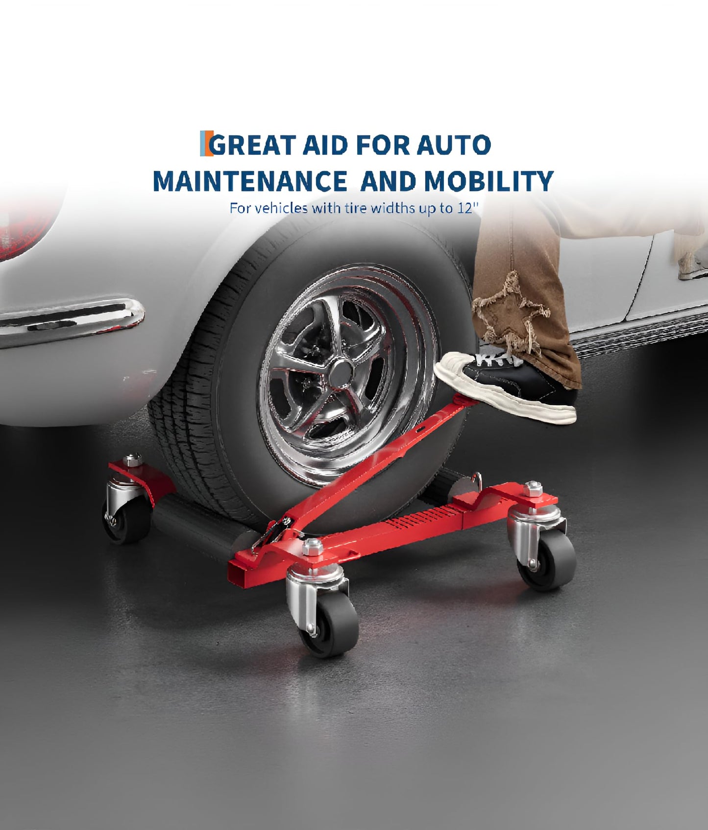 4 Pack 6000 LBS Heavy Duty Car Wheel Dolly Jack Set, Mechanical Vehicle Tire Positioning Mover with Ratcheting Foot Pedal, Auto Repair Moving Kit for Garage Workshop, Red