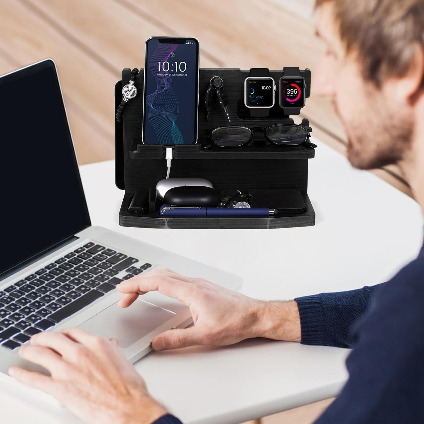 AliveByte Gifts for Men Desk or Nightstand Organizer - Wood Phone Docking Station - Birthday Gifts for Husband, Fathers