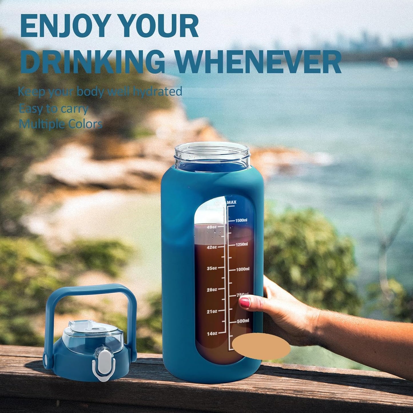 kytffu 64oz Glass Water Bottles with Straw, Half Gallon Motivational Glass Bottle with Silicone Sleeve and Time Marker, 2L Leakproof Large Glass Water Jug for Gym Home Office,Iron Blue