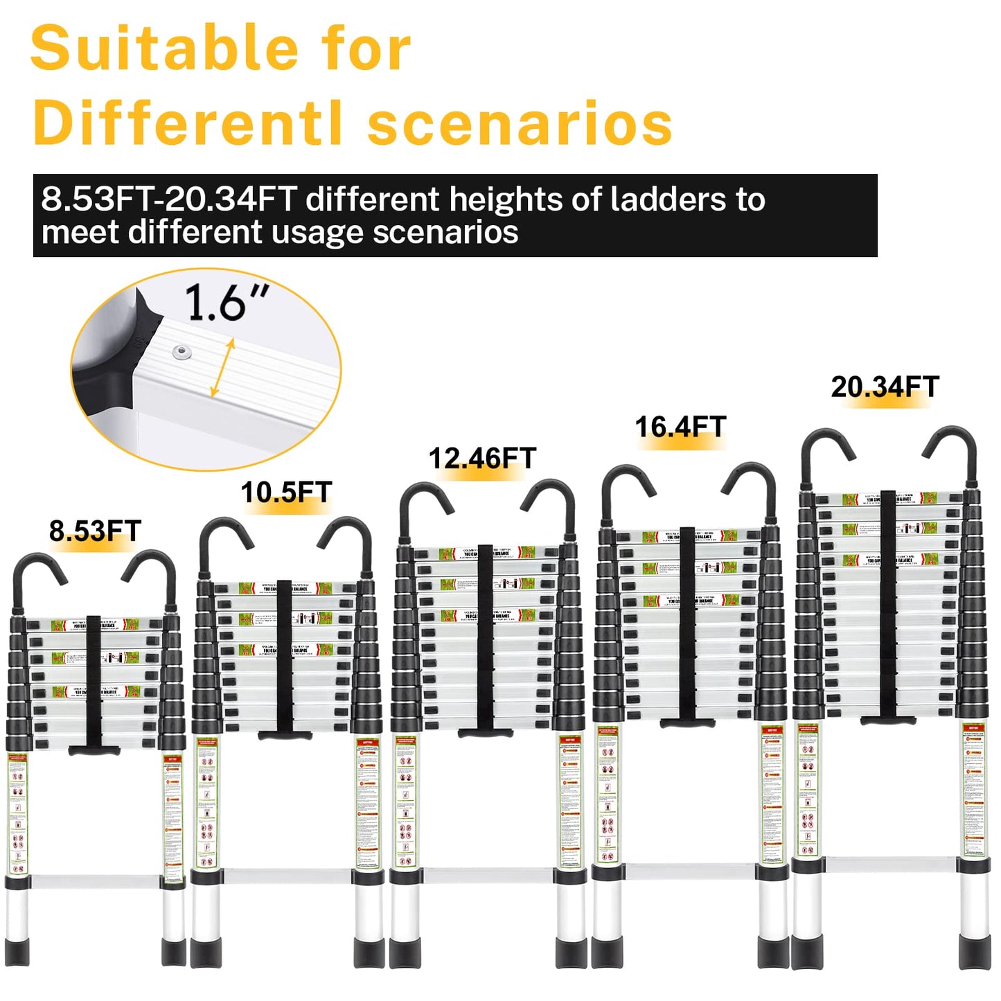 RIKADE Telescopic Ladder, 16.5 ft Aluminum Telescoping Ladder with Stable Hook and Non-Slip Feet, Portable Extension Ladder for Household and Outdoor Working, Max Load 330 lb, Aluminum