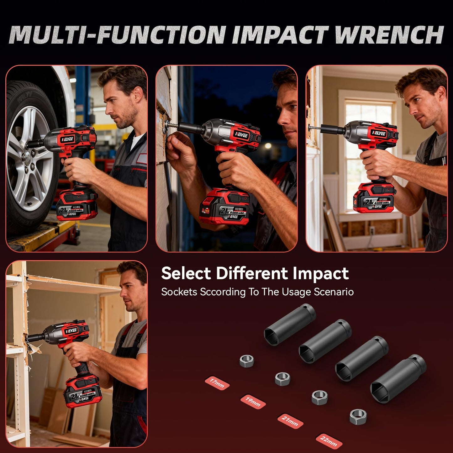 kelyee Cordless Impact Wrench 1107Ft-lbs(1500N.m), Brushless High Torque 1/2 Impact Gun with 21V 2x4.0Ah Battery, 3-Mode Speed, Electric Impact Driver with 4 Socket for Home Car Pickup Truck RV Mower