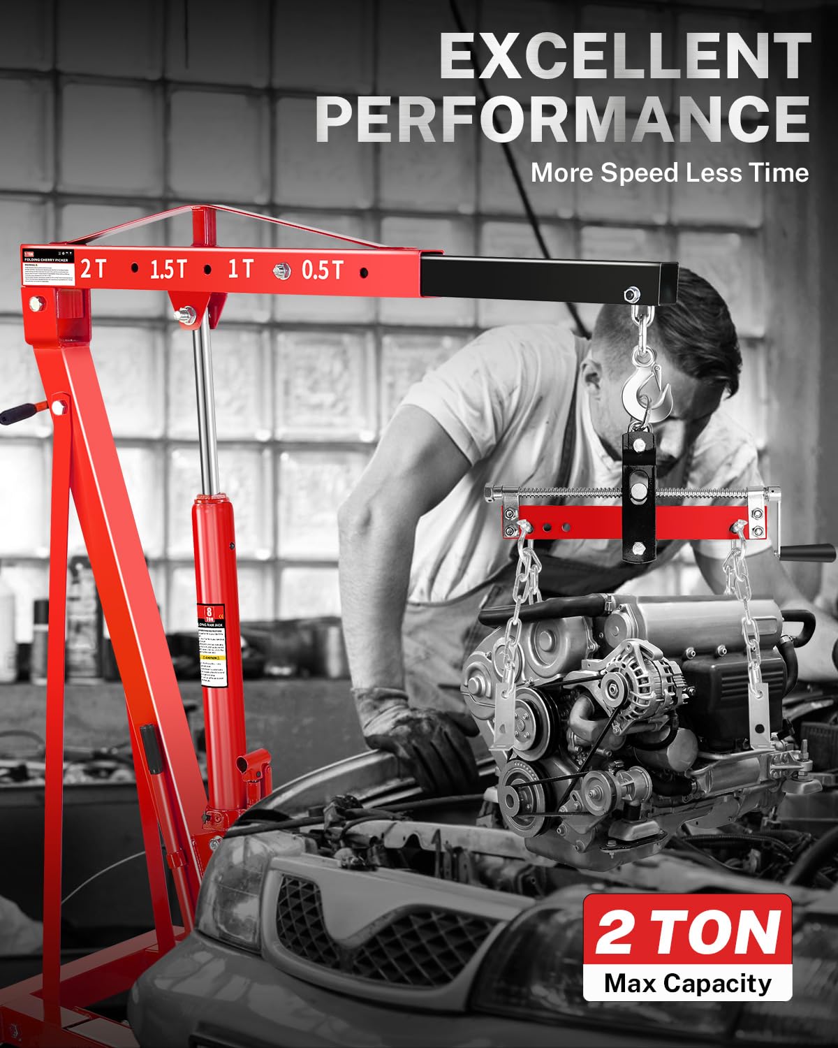 2 Ton Hydraulic Engine Hoist Crane with Lever, Folding Heavy-Duty Cherry Picker with 6 Locking Wheels & 4 Boom Positions, for Truck/SUV Engines, Garage Workshop, Industrial Lifting (Net Wt. 168 lbs)