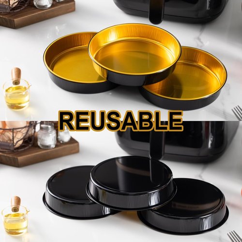 Air Fryer Foil Liners - 20 Pack | 7-Inch Round Disposable Aluminum Pans, High-Heat Safe, Food-Grade Black & Gold