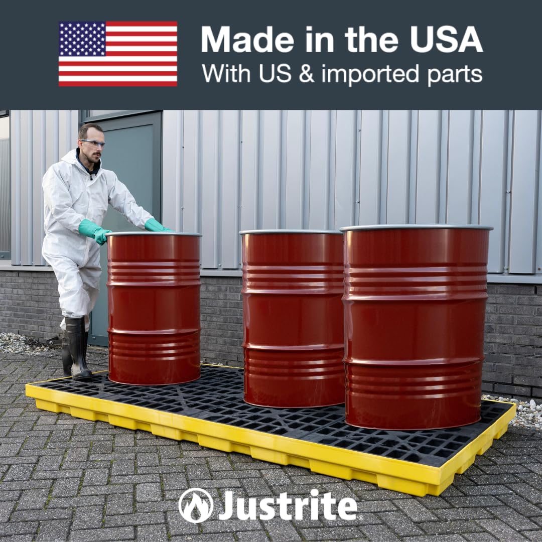 Justrite Low Profile 1 Drum Spill Containment Pallet Accumulation Center - 5.5" Tall - 12 Gal Capacity for 55 Gallon Drum Containment - Made in The USA from 30% Recycled Polyethylene - Yellow - 28652