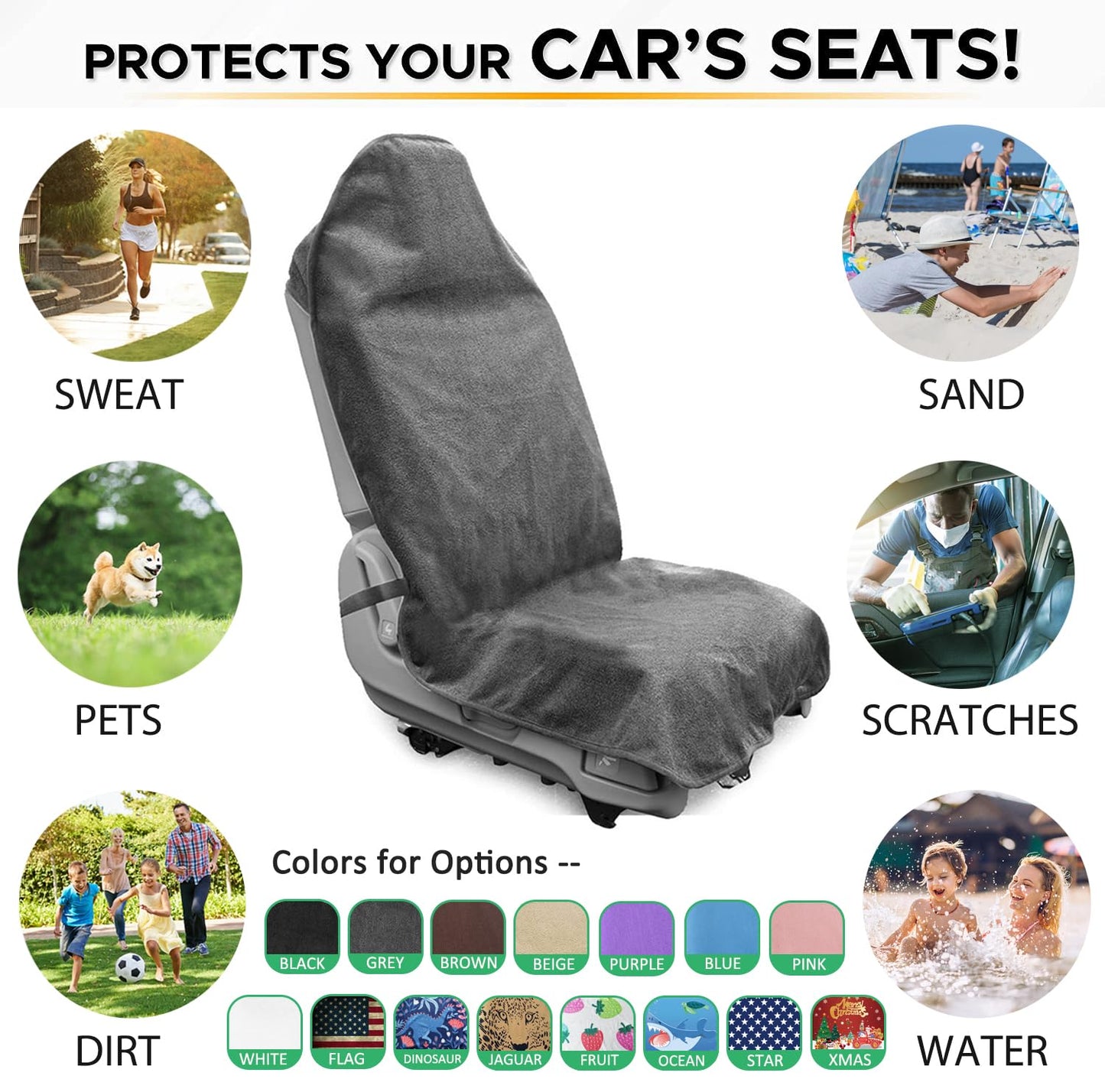 DECKALY Waterproof Sweating Car Seat Cover for Post Gym Workout, Running, Swimming, Beach and Hiking, Universal Fit Non-Slip Towel Bucket Seat Protector for Cars SUV Trucks, Machine Washable (Grey)