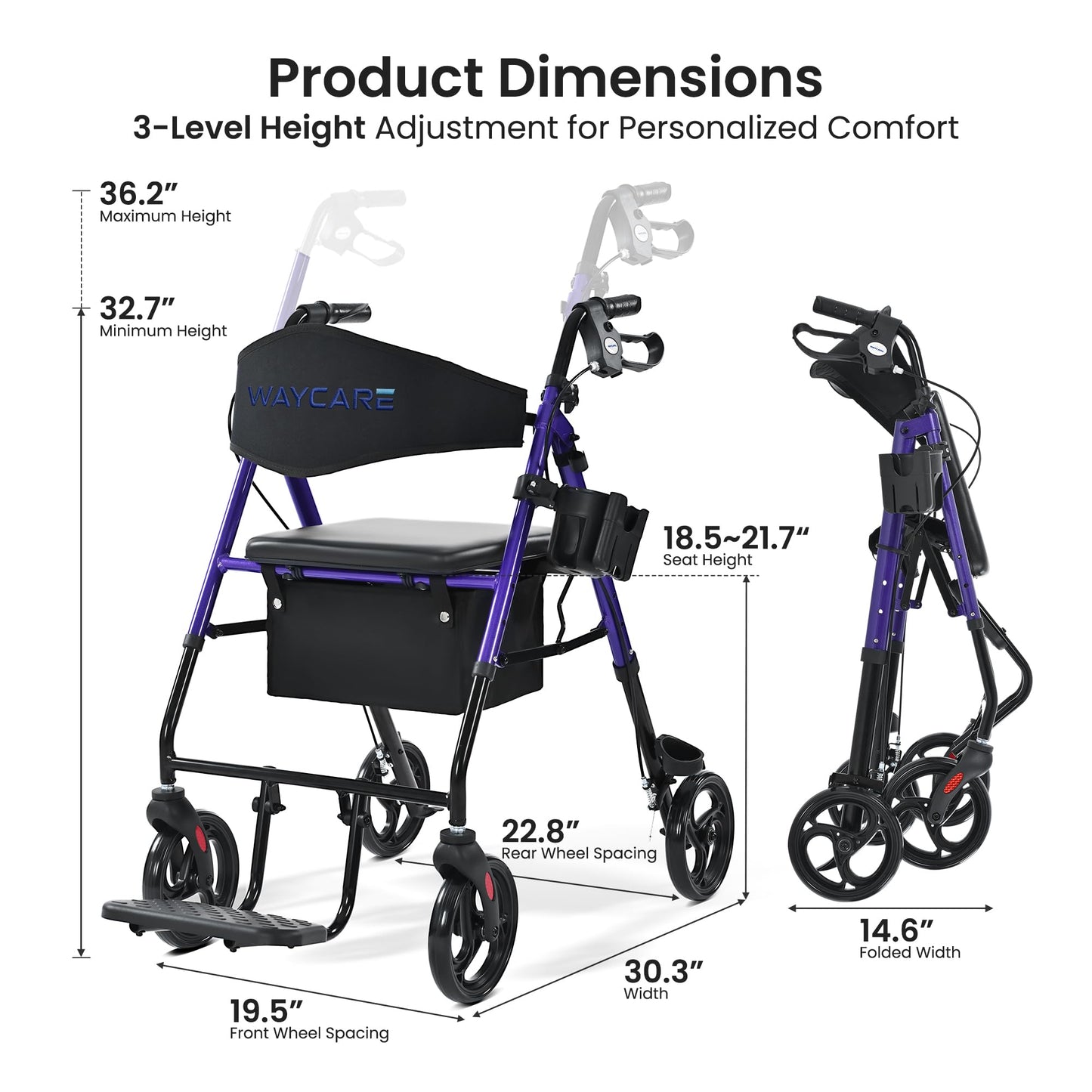 Metro Mobility 2 in 1 Rollator Walker & Transport Wheelchair, Foldable Lightweight Rollator Walker with Seat for Seniors, 8" Big Wheels for All Terrain, 300 lb. Weight Capacity, Purple