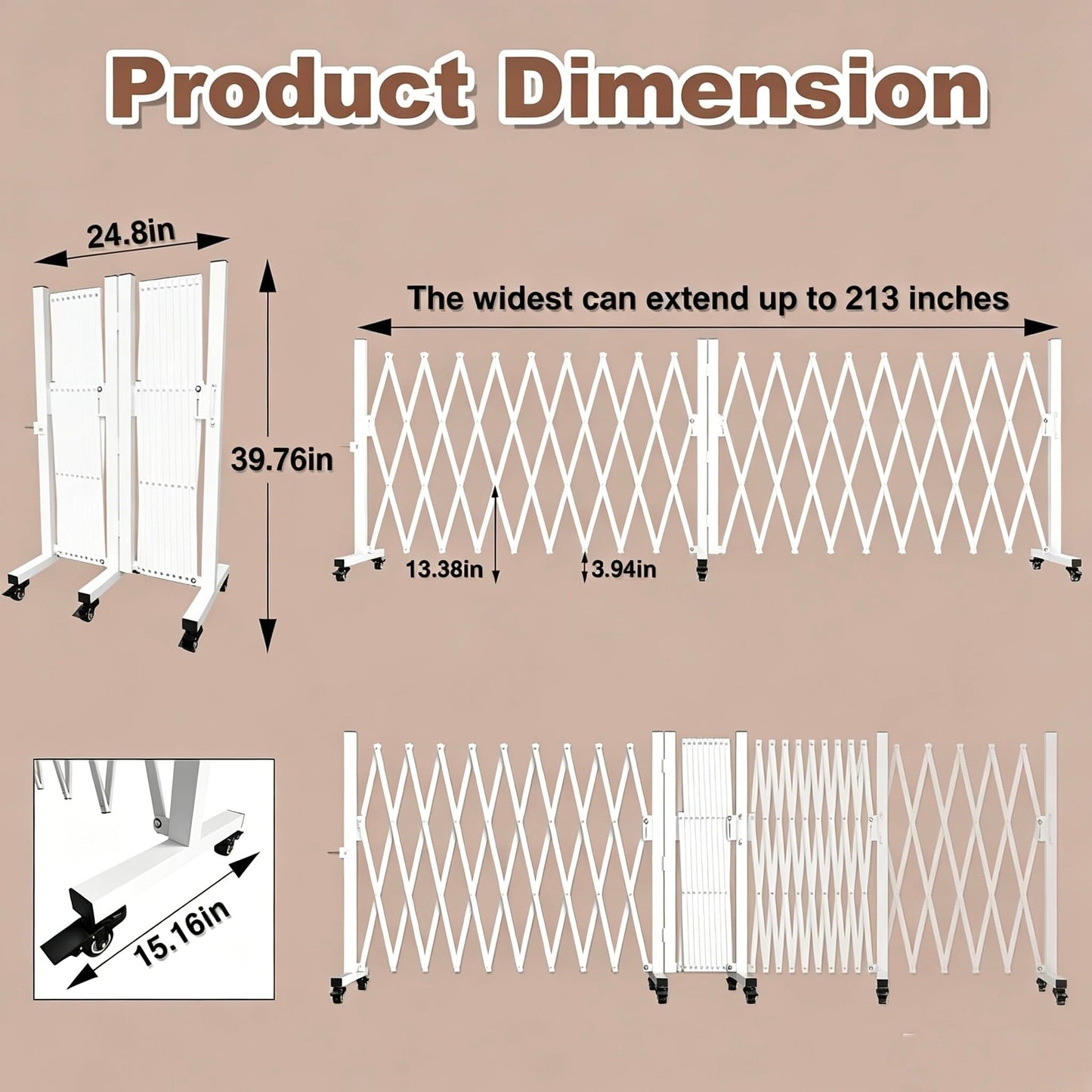 Retractable Outdoor Dog Gate, 207'' Wide Driveway Gate Expandable Portable Fence, Two-Segment 0-180 Degrees Rotatable Design Yard Garden Fence, Metal Safety Barrier Gates (White, 39.76 * 213)