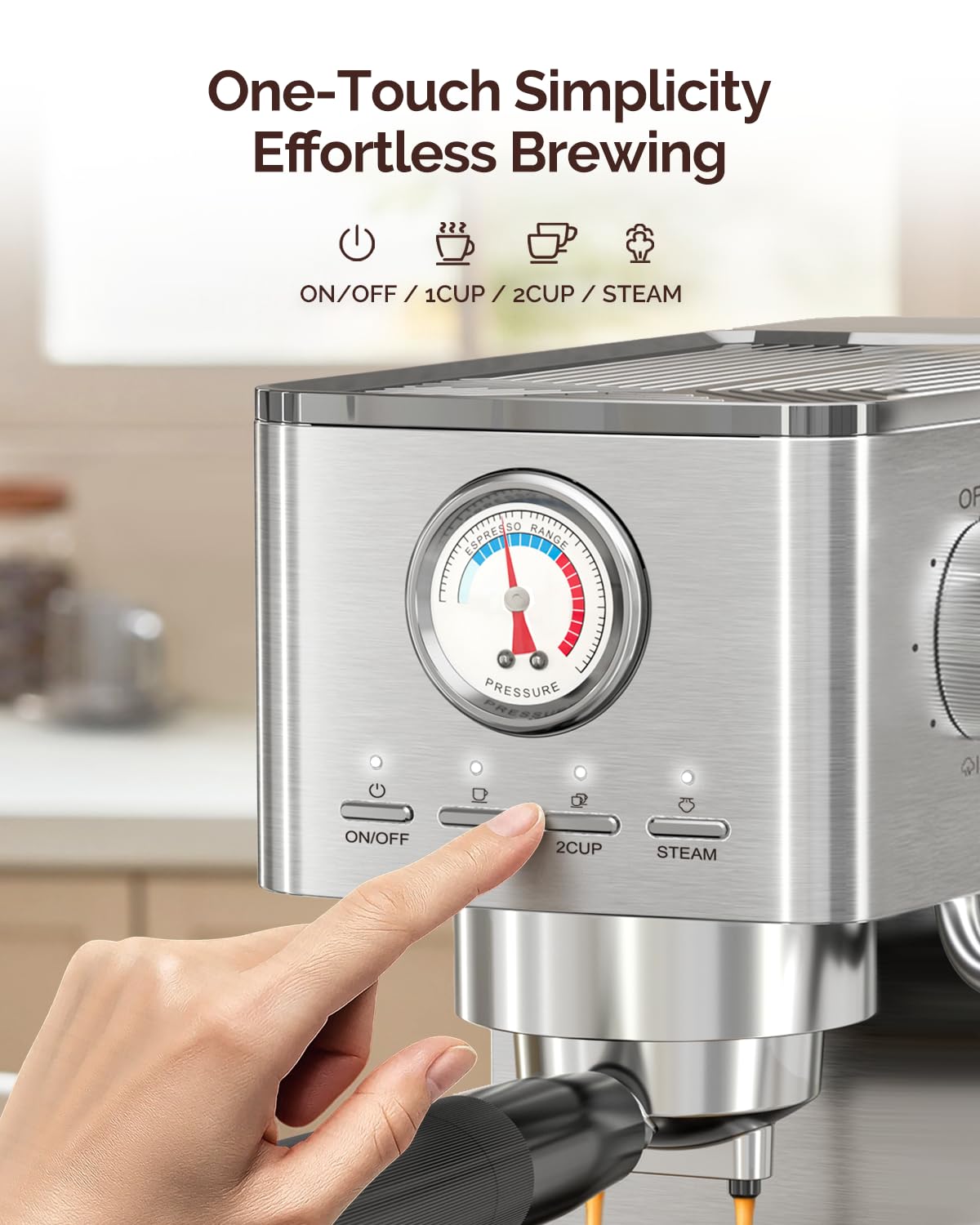 Maestri House Espresso Machine, 20 Bar ULKA Pump, Compact Espresso Maker Built-in Flow Meter Steam Milk Frother, Stainless Steel Coffee Machine for Cappuccino, Latte (Silver)