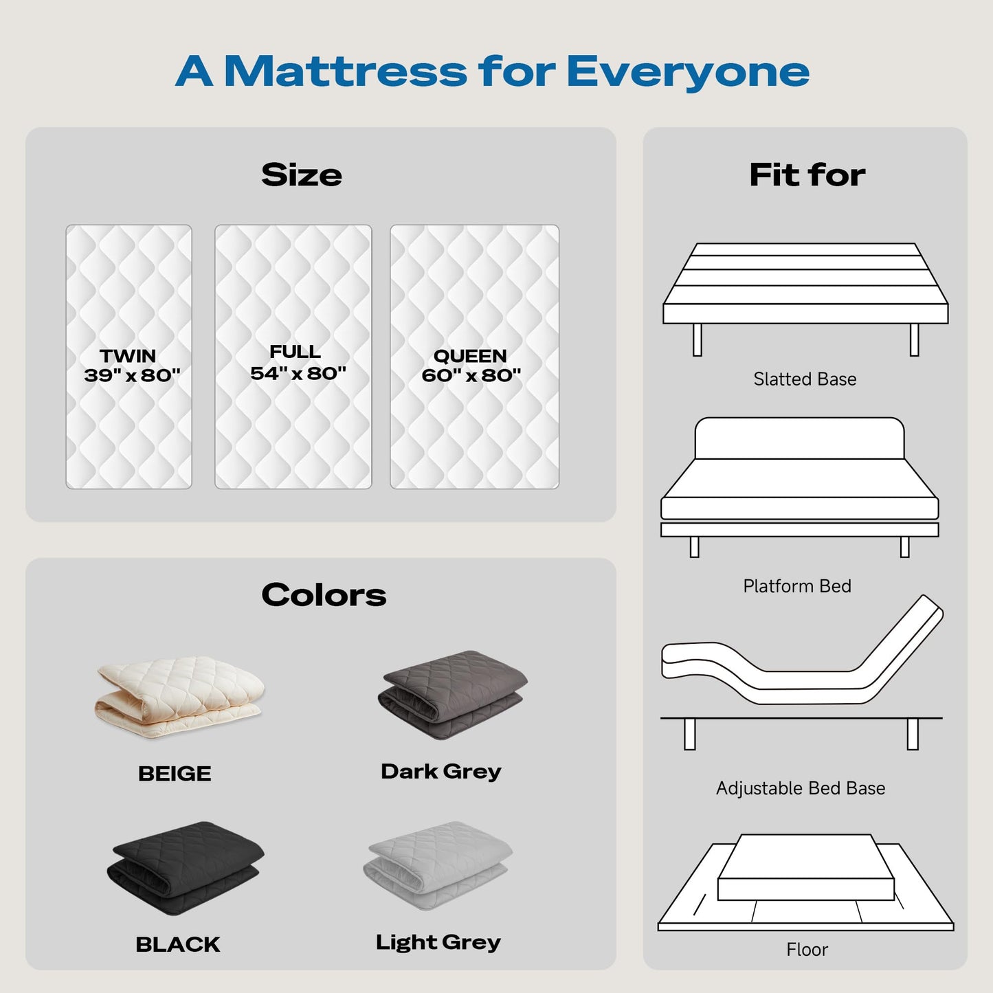 Aircliff Japanese Floor Futon Mattress, Roll Up Tatami Mat, Sleeping Pad, Shikibuton, CertiPUR-US Certified Foam Floor Bed Mattress for Sleeping, Dormitory, Guest Bed, Designed in Japan(White, Full)