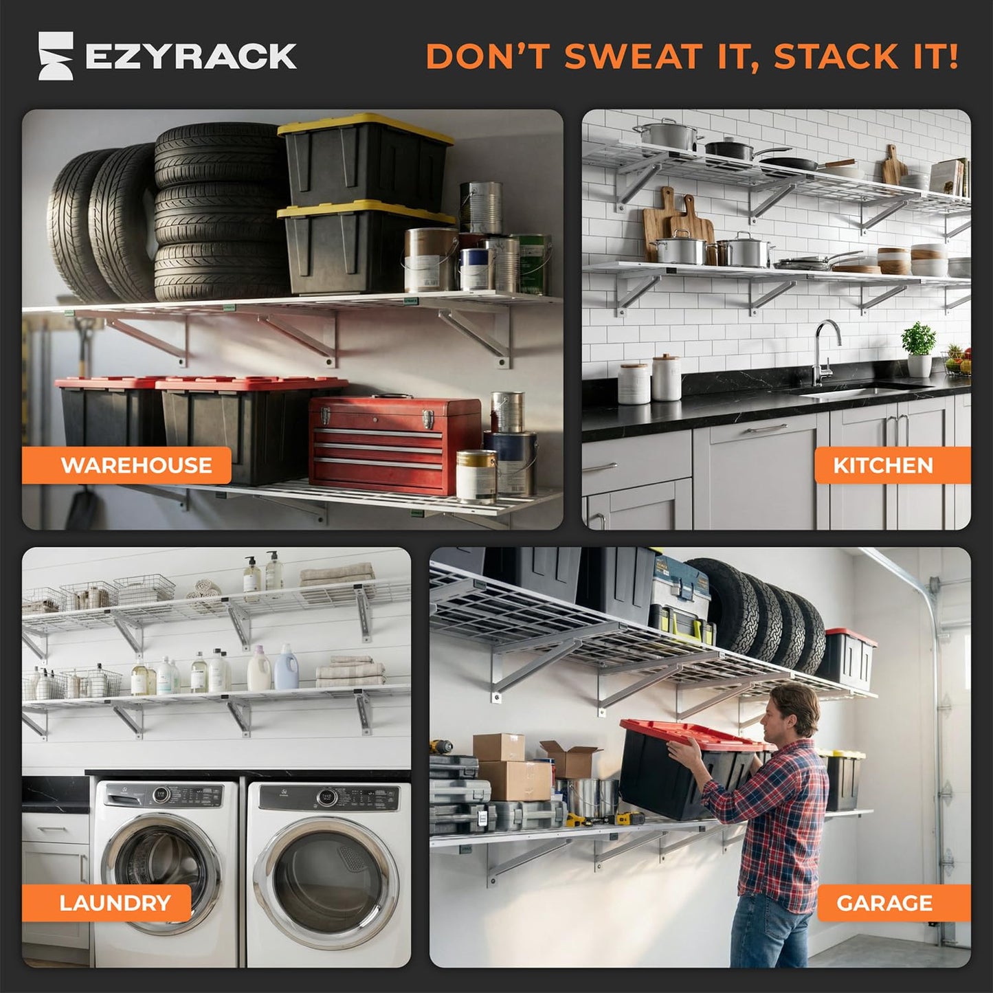 EZYRACK Heavy Duty Metal Wall Shelf, Modular Garage Storage Rack, 450 Lbs Capacity, Fits 16" or 24" Studs, Wall Mounted Floating Shelving Kit for Drywall, Wood & Concrete (Includes Hardware)