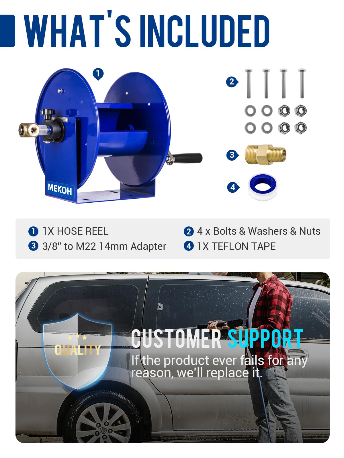 MEKOH Pressure Washer Hose Reel 100FTx3/8”, 200FTx1/4” Manual Power Washer Hose Reel with M22 14mm Fitting,4500PSI Heavy Duty Hose Reel for Water,High Pressure Metal Reel with Wall/Van/Trailer Mount