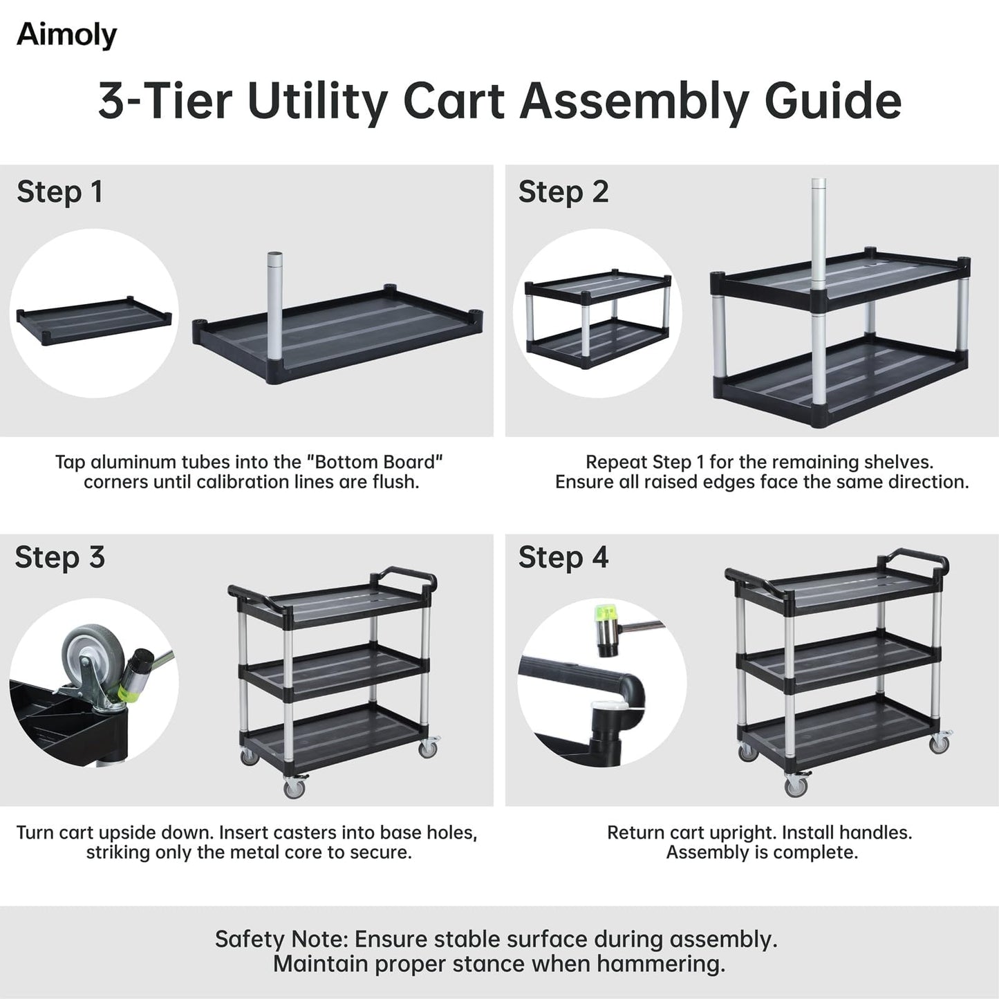Aimoly 3-Tier Rolling Utility Cart with Wheels, 510 lbs Capacity Service Cart, Commercial Kitchen Cart with 4 Lockable Swivel Casters for Restaurant/Home/Warehouse/Office (34 x 17 x 37 in)