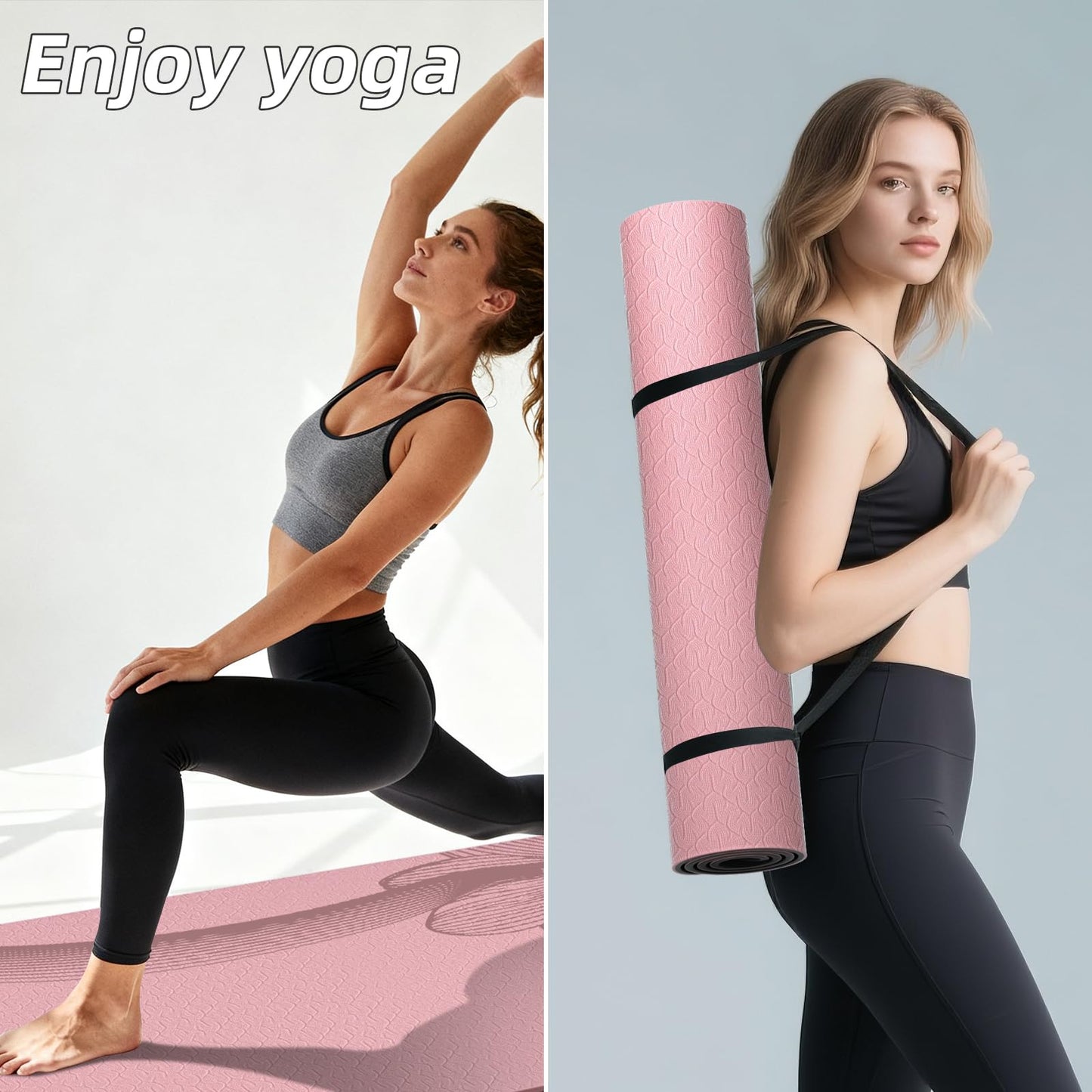 WUWAN Large Yoga Mat 75"x 40"x10mm (2/5 inch) – Extra Thick & Wide, TPE Fitness Mat, Printed Non-Slip Exercise Mat with Carrying Strap for Men & Women, Pilates, Stretching, Fitness & Workout (pink/black)